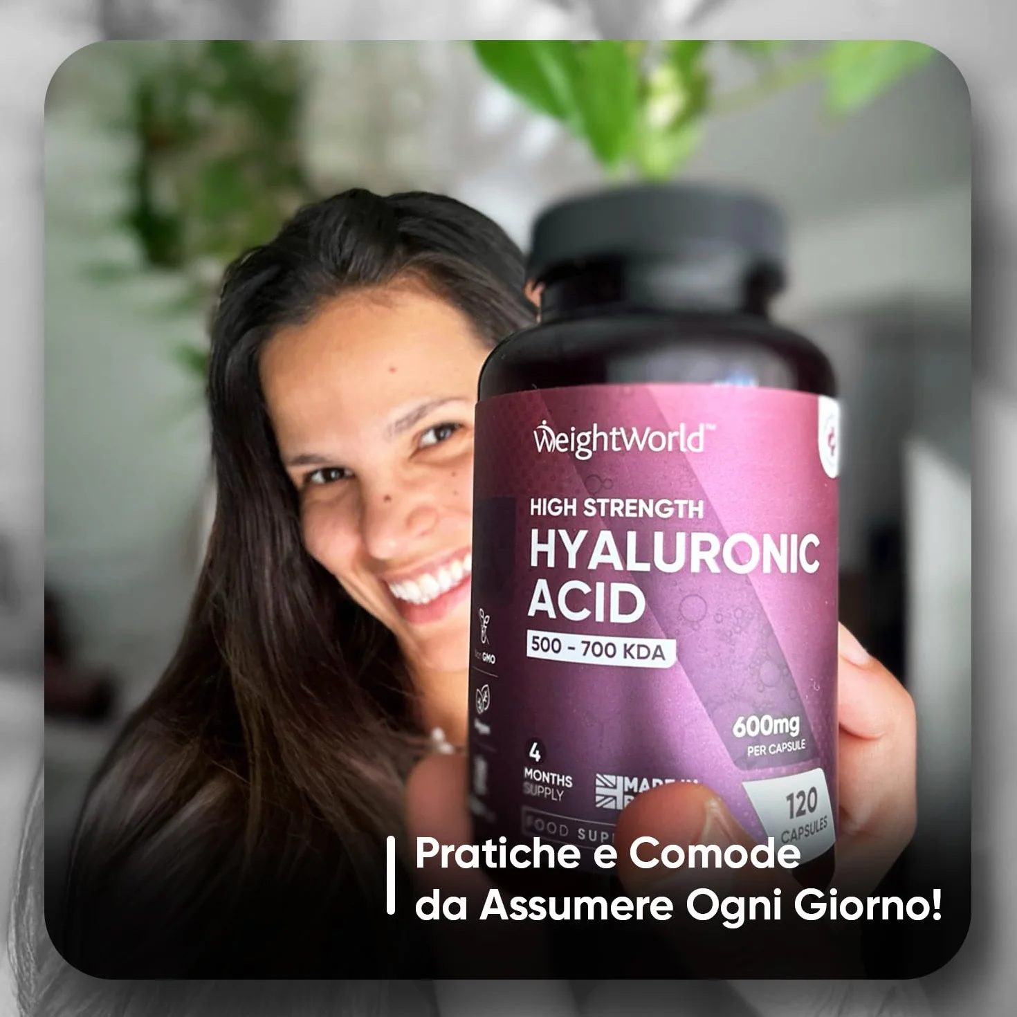 Acido Ialuronico Vegano 600mg 120 Capsule Integratore Sodio Ialuronato 500-700 kDa