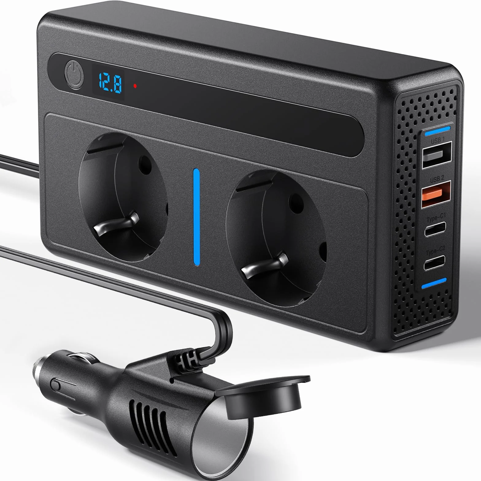 Inverter 300W DC 12V AC 230V Convertitore di Tensione Auto con 2 Prese USB 2 Porte Tipo C Caricatore Accendino