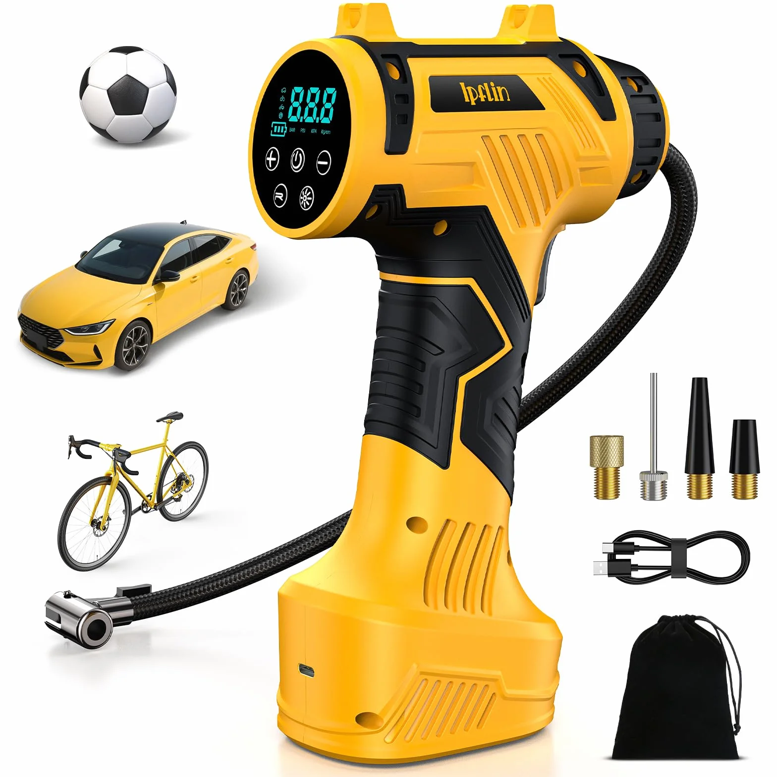 Compressore Aria Portatile Senza Fili 150PSI 22L/Min Gonfiatore Pneumatici Auto Batteria Ricaricabile Spegnimento Automatico Display LED 4 Modalità