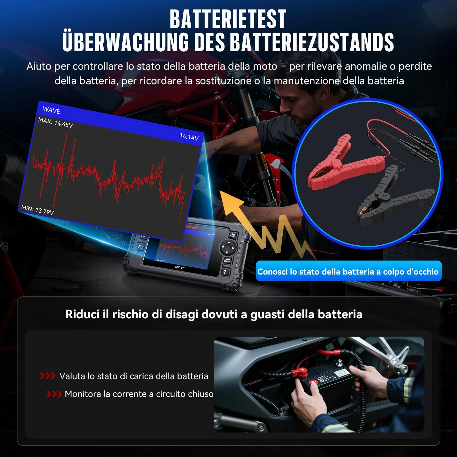 iCarsoft MT V6 Diagnostico per moto Aprilia, 88 servizi di manutenzione, 123 test bidirezionali