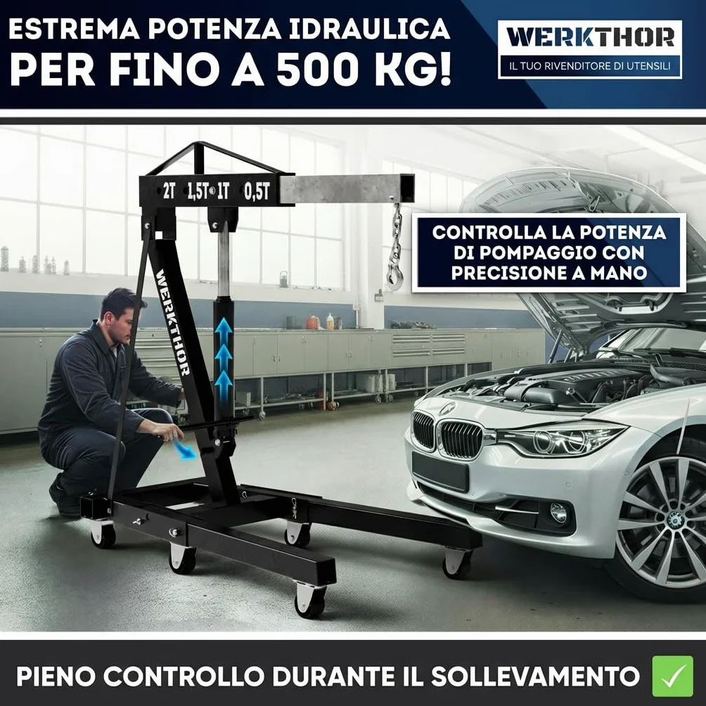 Gru da officina 500 kg idraulica non pieghevole a motore per auto nera con 4 ruote e catena di bilanciamento