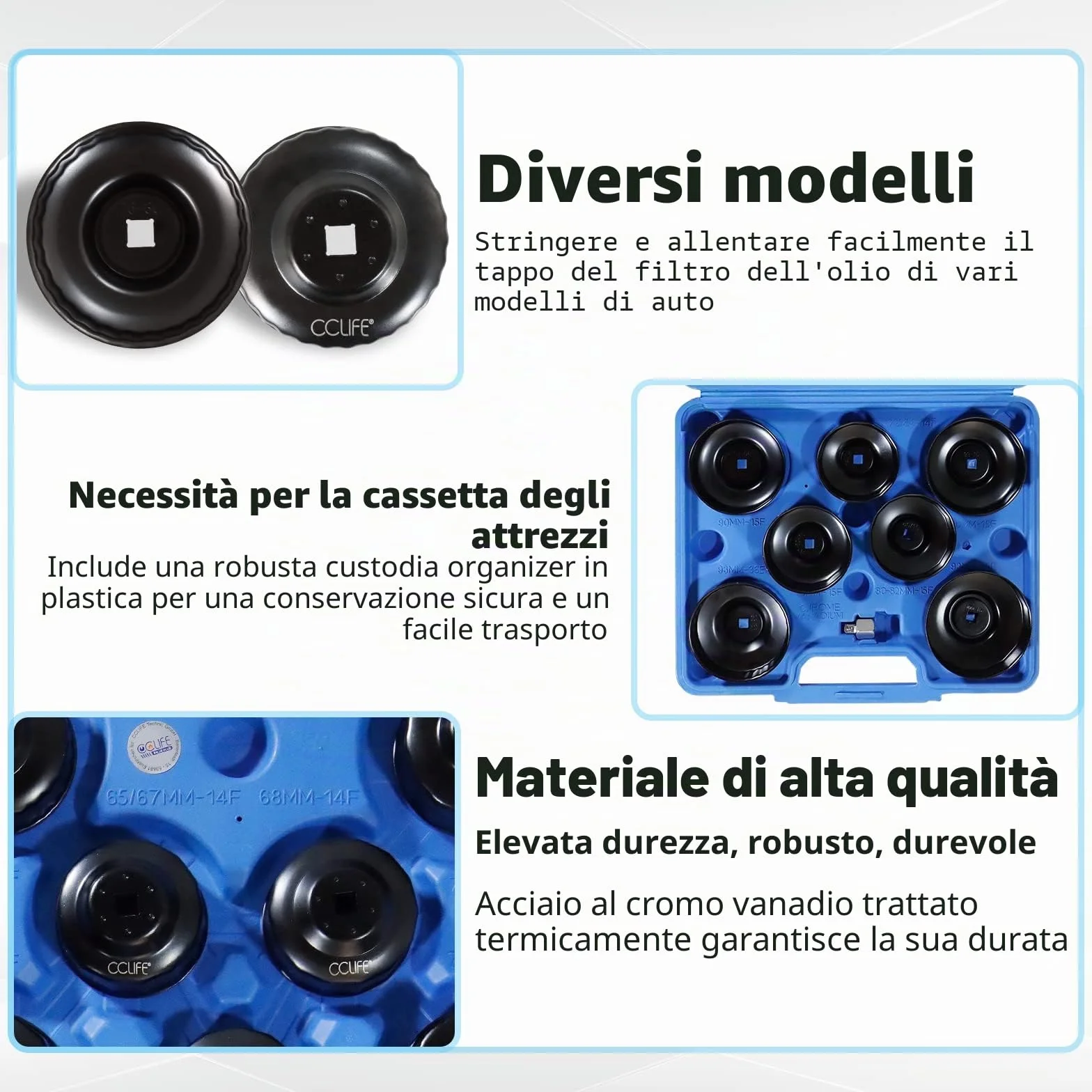 CCLIFE 15 pezzi filtro olio tazza universale 65-100mm Ferro chiavi per filtro olio set in valigetta