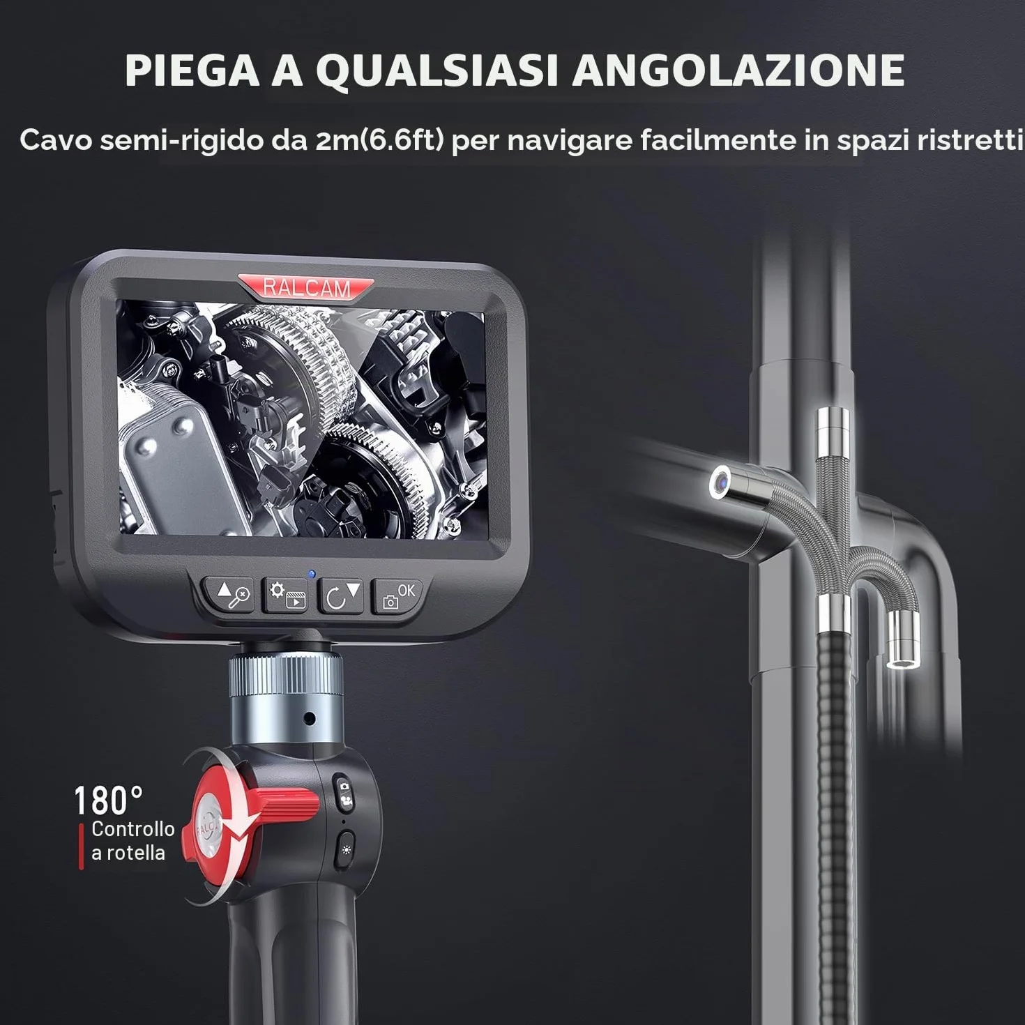 Ralcam Telecamera Endoscopica 4,3 Pollici 1080P HD Schermo LCD Sonda 8,5mm IP67 Impermeabile Boroscopio Snake 180° 10 LED 2M Cavo Semirigido