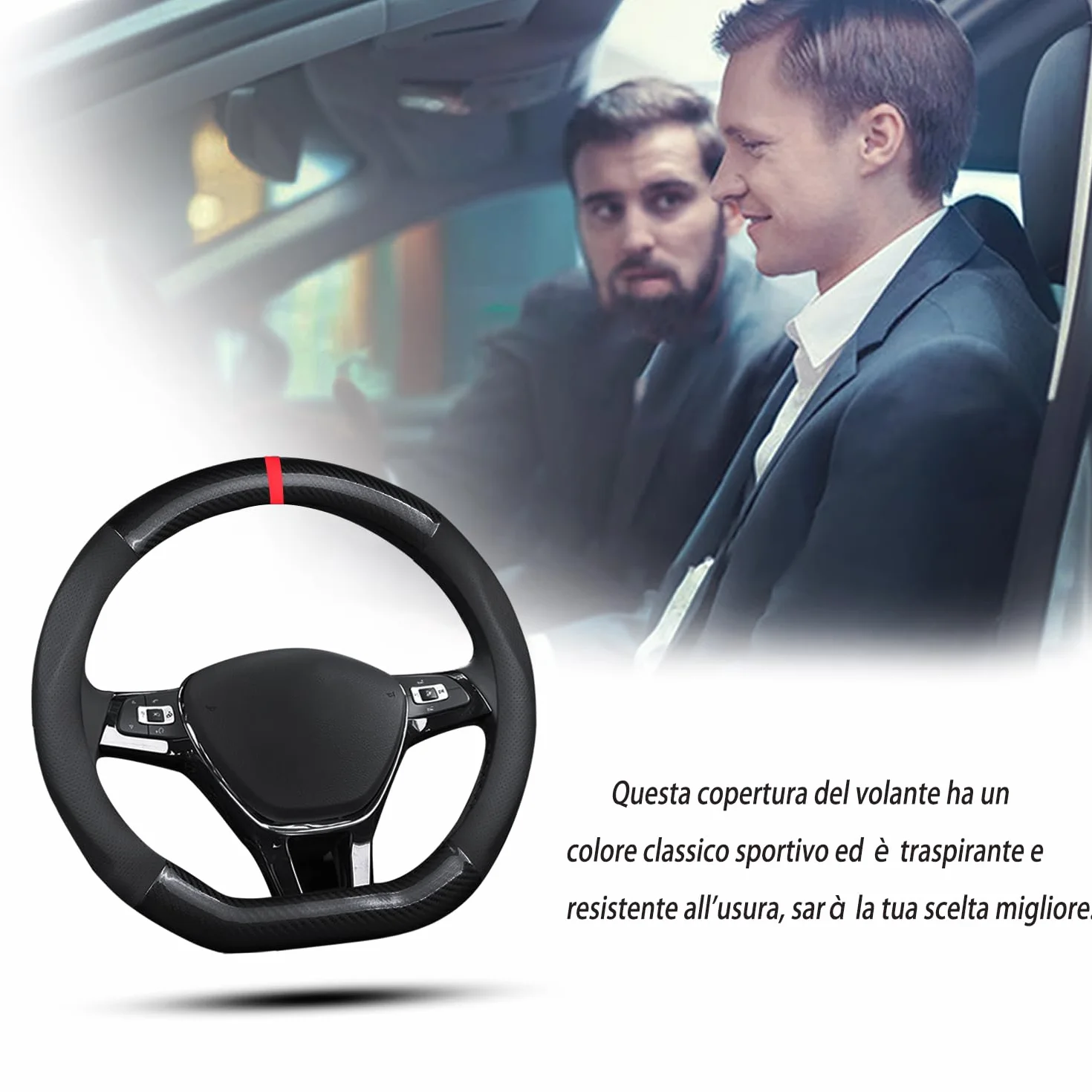 Ergocar Coprivolante Antiscivolo Protezione Volante Auto D-Forma Fibra di Carbonio Pelle PU Universale Diametro 38 Cm (15") Nero