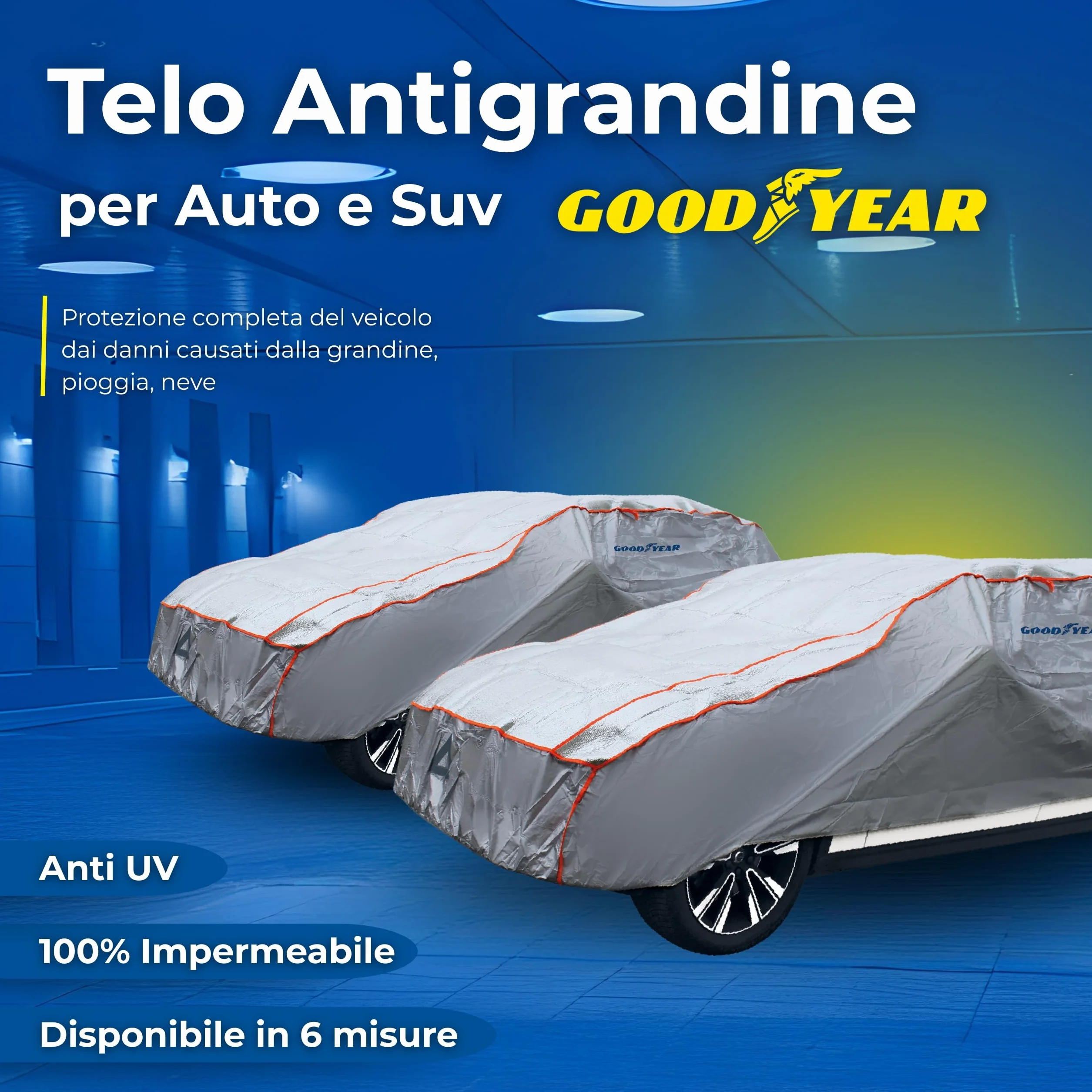 Goodyear Telo Antigrandine Auto Taglia M, Imbottitura 6mm Alta Protezione, Copriauto Esterno Impermeabile e Antigraffio, Tessuto Anti-UV, Cinghie Antivento, 440x165x119 cm, 4 Stagioni, Grigio/Nero