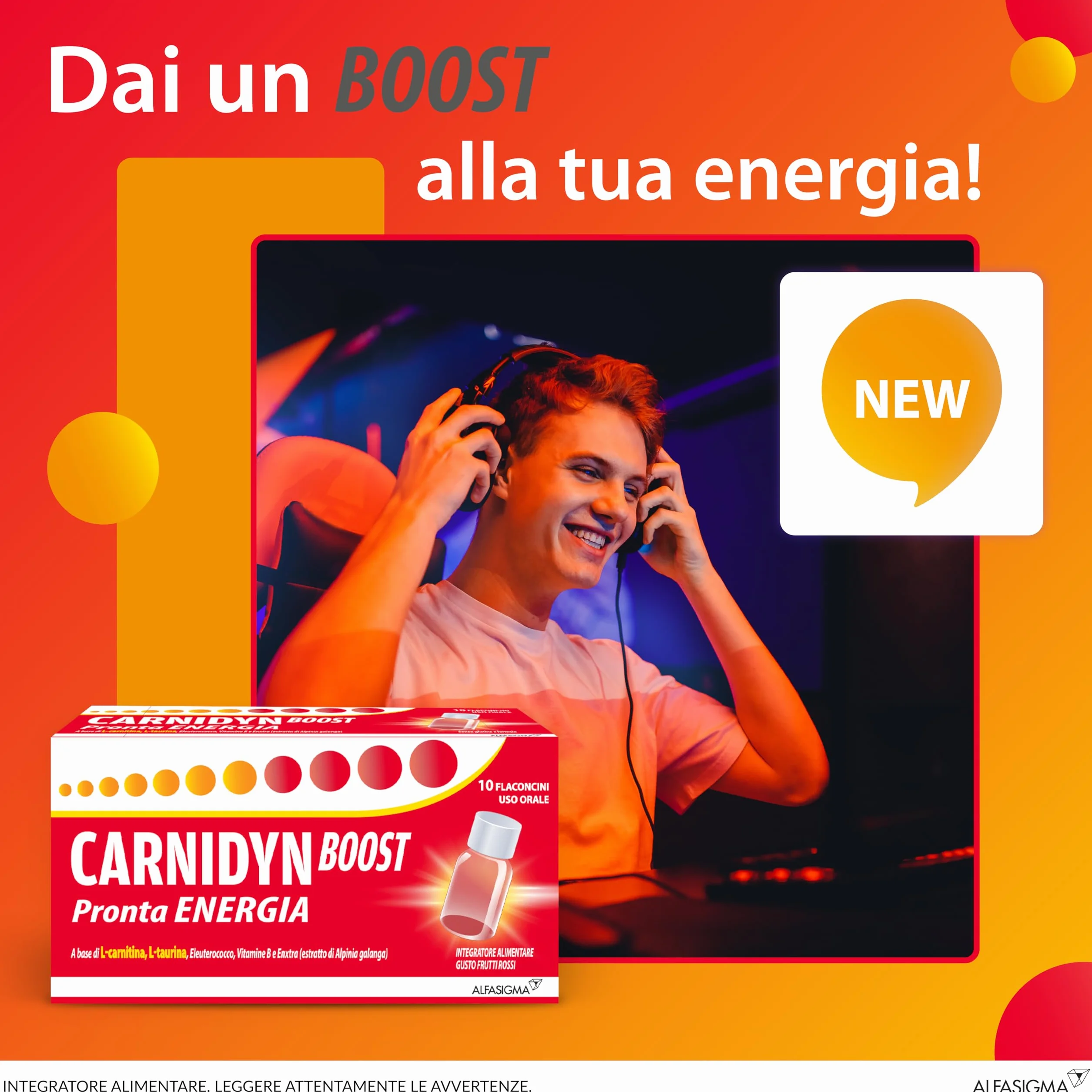 Carnidyn Boost Integratore Extra Energia Carnitina Taurina EnXtra Eleuterococco Vitamine B Senza Caffeina Glutine Lattosio Gusto Frutti Rossi 10 Flaconcini