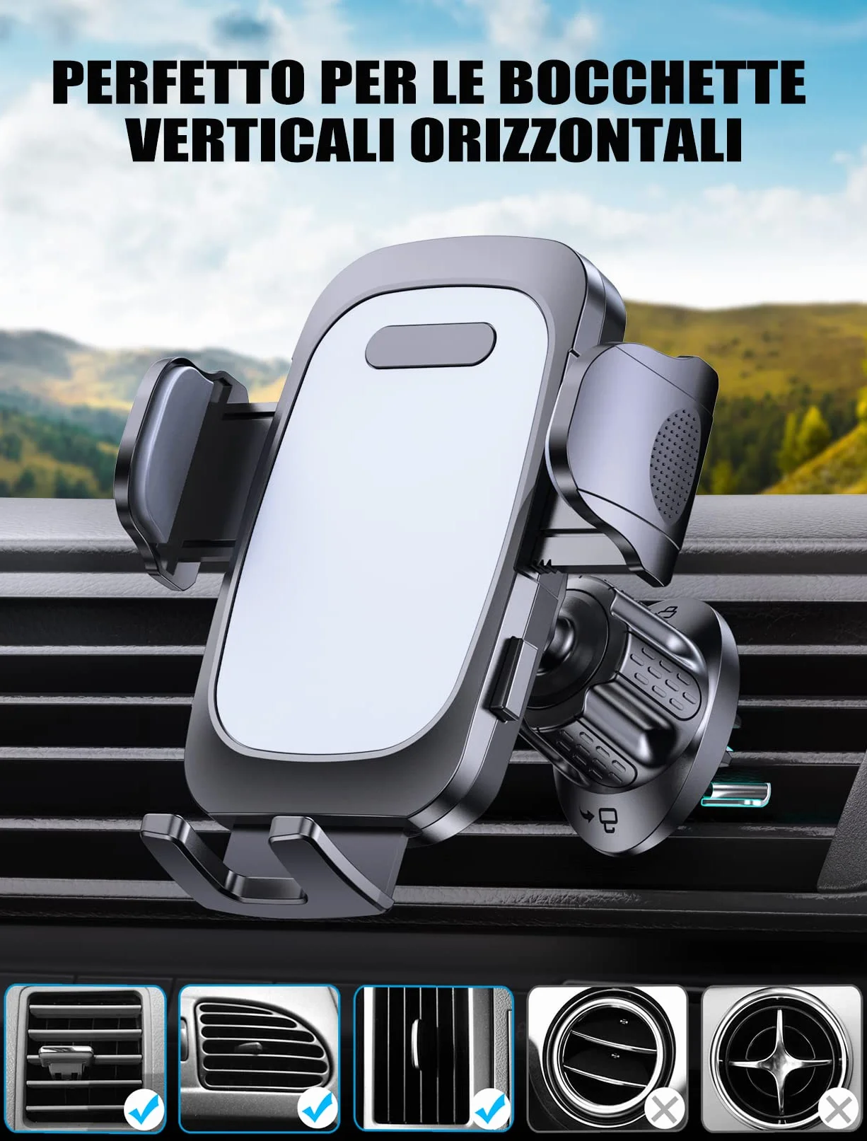 Mohard Porta Cellulare Auto, [Gancio Aggiornato & Stabile] Telefono Auto Bocchetta d'Aria Rotante a 360° Supporto Cellulare, Impugnature Cellulari Set per Interni Automobile per iPhone 16/15/14, 4-7"