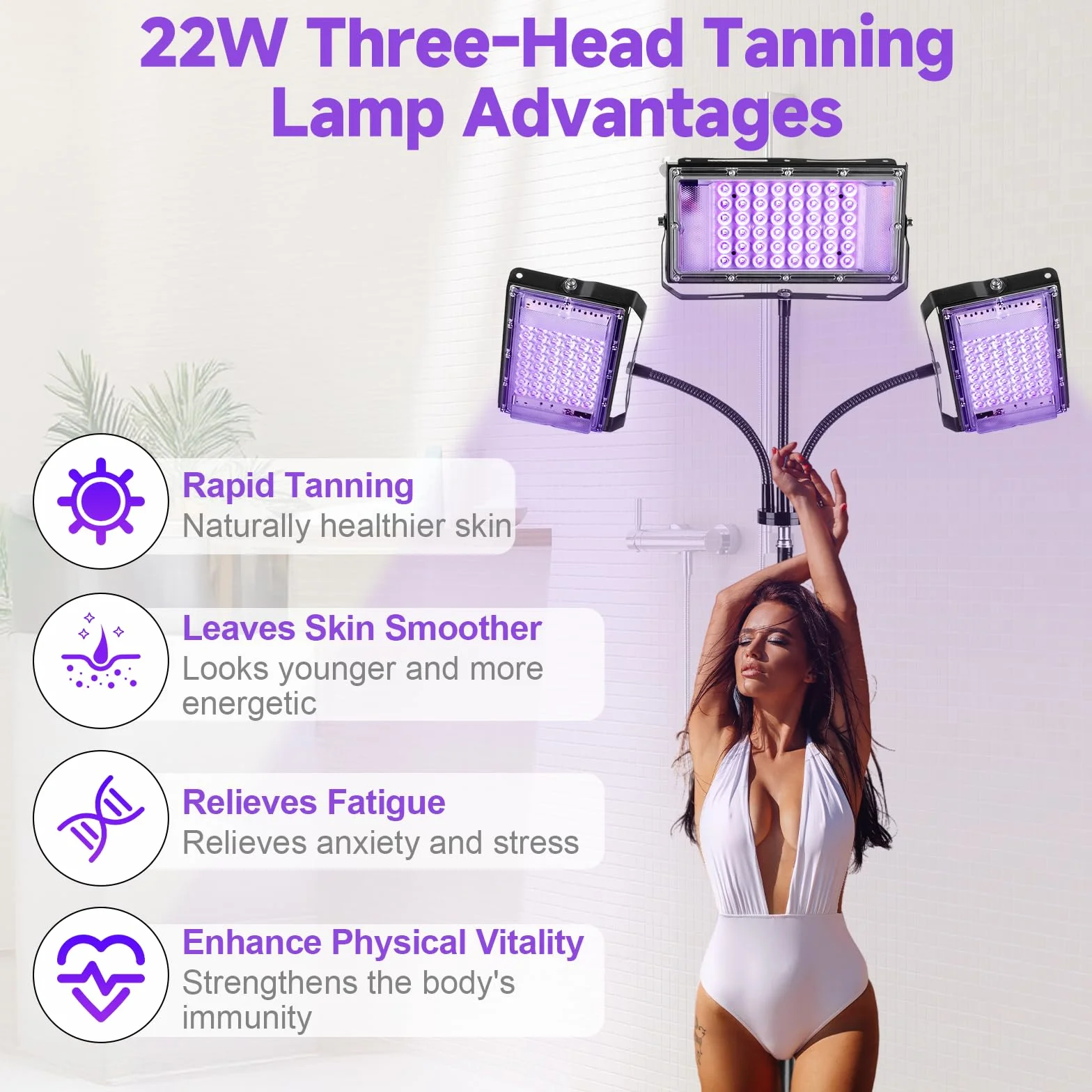 Lampada Abbronzante a Tre Teste 144 LED Viso Corpo Altezza Angolazione Regolabili