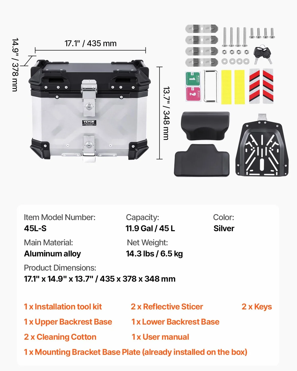 VEVOR Top Case Moto 45L Valigia Portapacchi Universale in Lega di Alluminio con Fodera in Pelle e Serratura