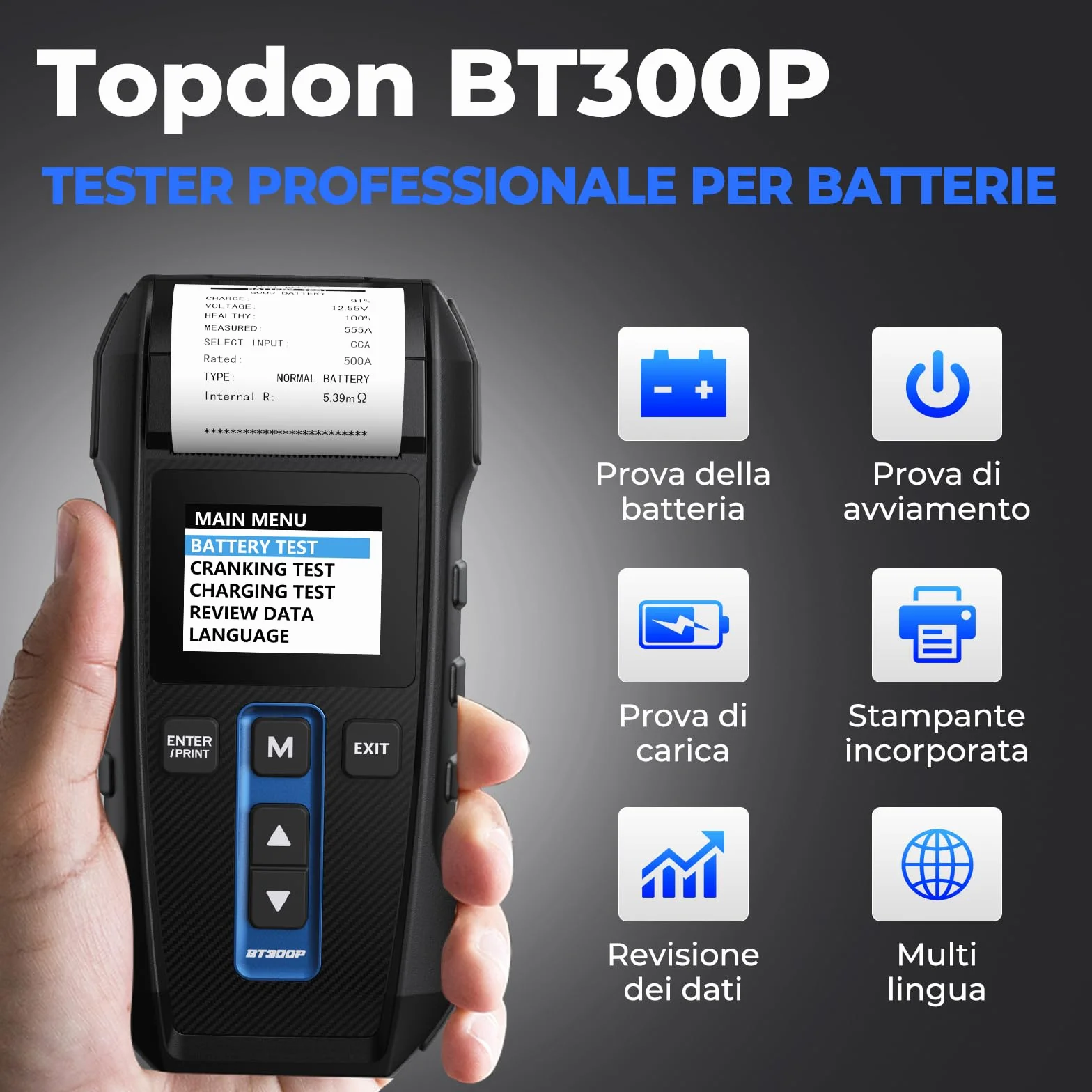 TOPDON Tester Batteria Auto BT300P, 12V 24V 100-2000 CCA Tester per Batterie con Stampante Incorporata, per Test Batterie/Caricabatterie/Sistemi di Ricarica, Adatto per Auto/Solidi/Autocarri Leggeri