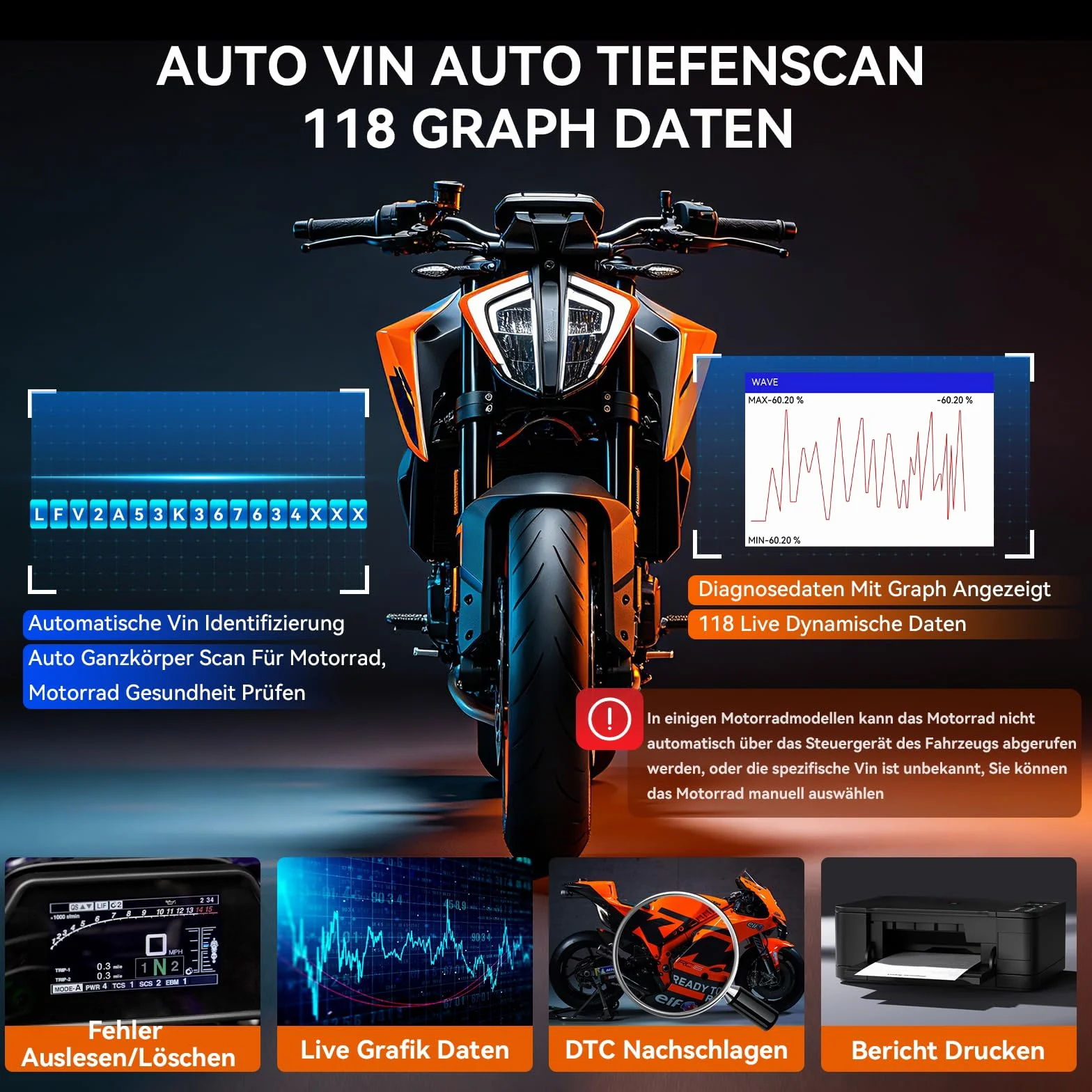 iCarsoft MT V6 Scanner OBD2 Diagnostica Moto KTM, 88 Servizi Manutenzione, 108 Test Attuatori, Test Batteria