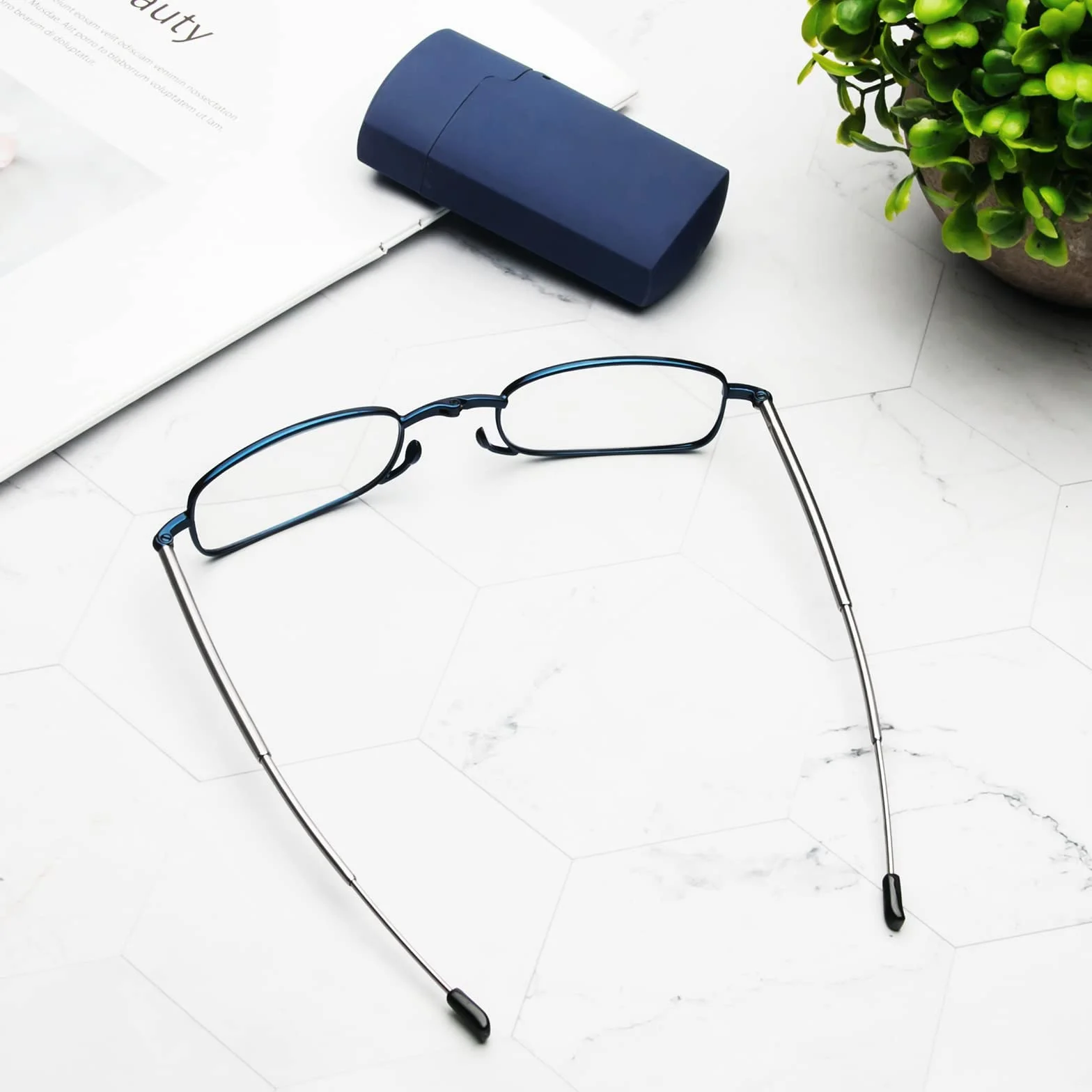 MMOWW Occhiali da lettura Pieghevoli Anti-blu con Aste Telescopiche Custodia Portatile Blu +2.0