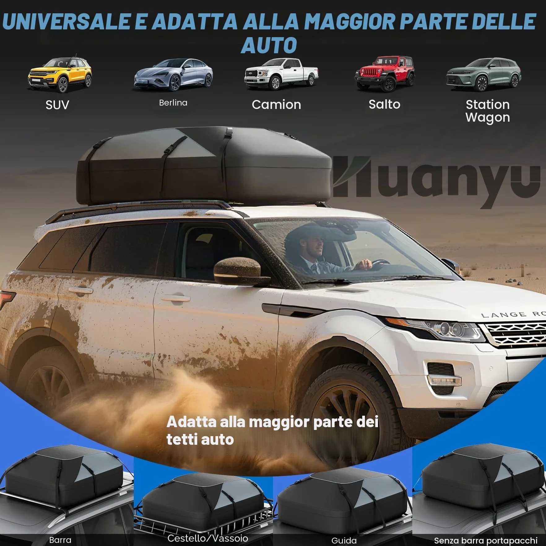 Huanyu Borsa da tetto per auto 20 piedi cubi/550L Box da tetto per auto Tenda da tetto impermeabile per veicoli Tenda da tetto per veicoli con o senza portapacchi per auto Portabagagli da tetto
