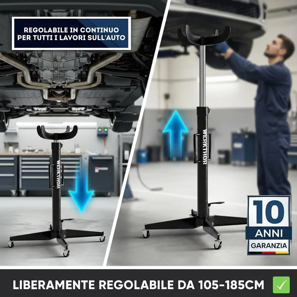 WERKTHOR Sollevatore per ingranaggi 500 kg idraulico regolabile 113-195 cm motore officina arrotolabile 4 ruote pedale nero
