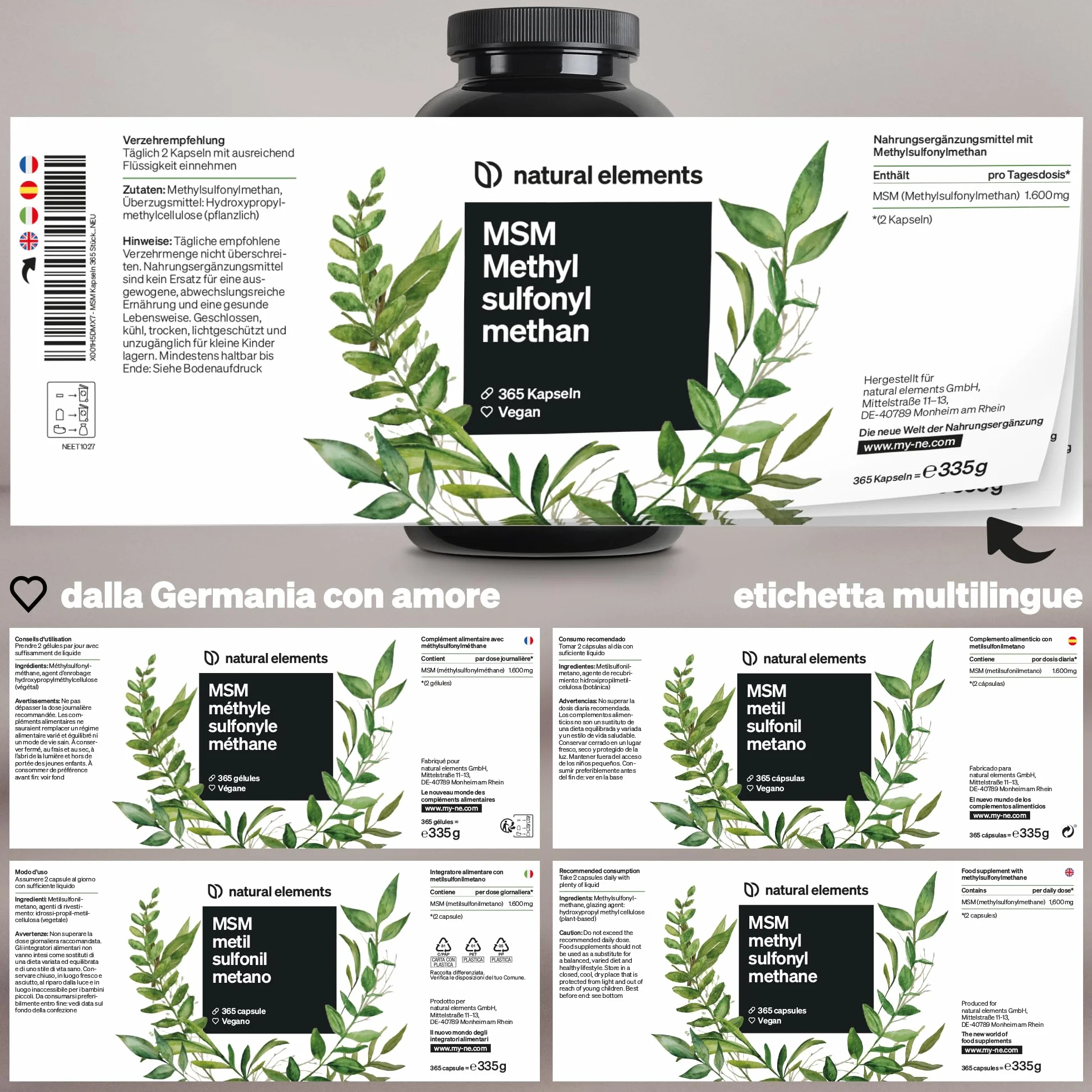 Integratore MSM Puro 99,9% Metilsulfonilmetano 1600mg 365 capsule vegan per Ossa e Articolazioni