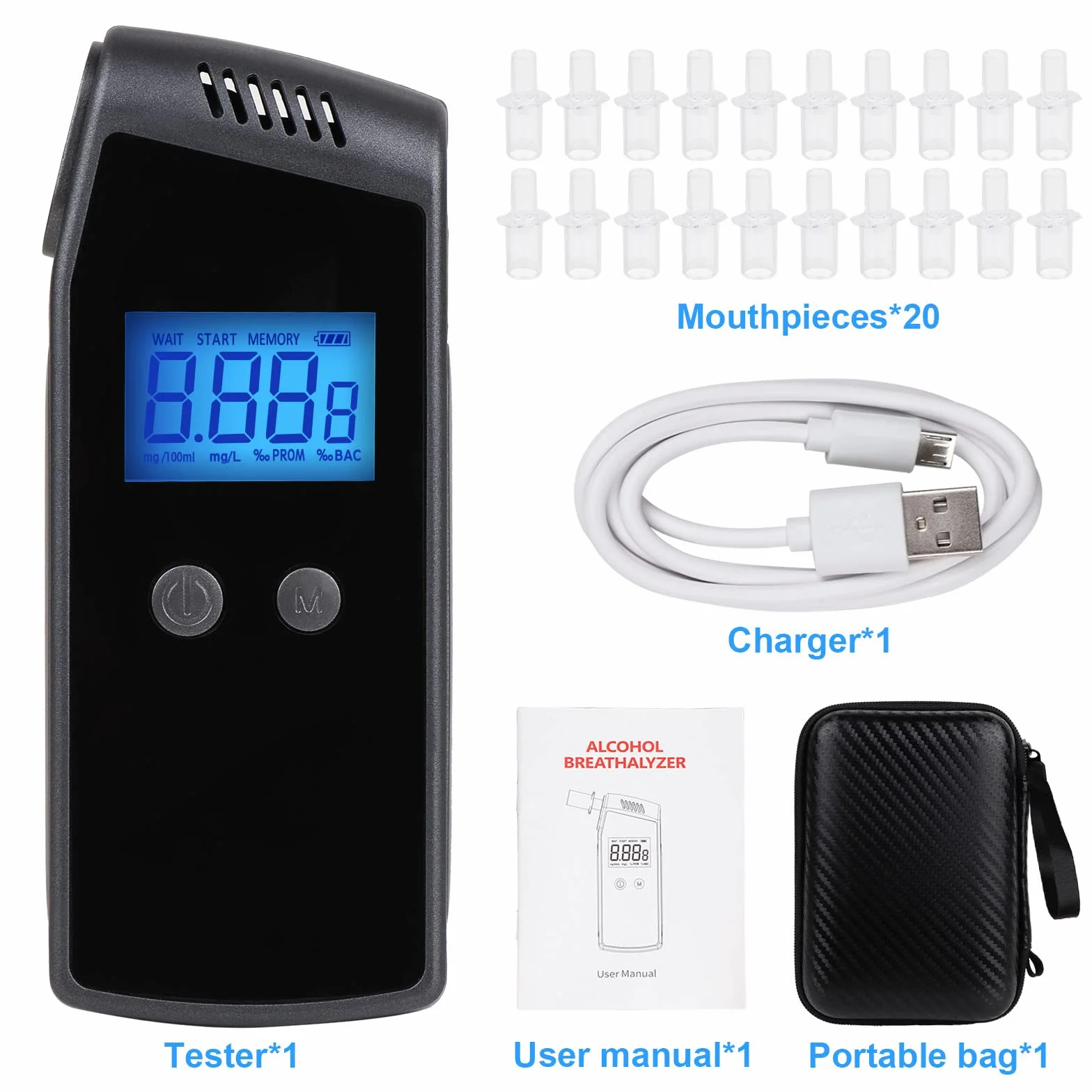 Etilometro, Portatile Alcool Test, Professionale Digitale Alcool Analizzatore con Schermo LCD Display e Sensore Semiconduttore, 20 Boccagli