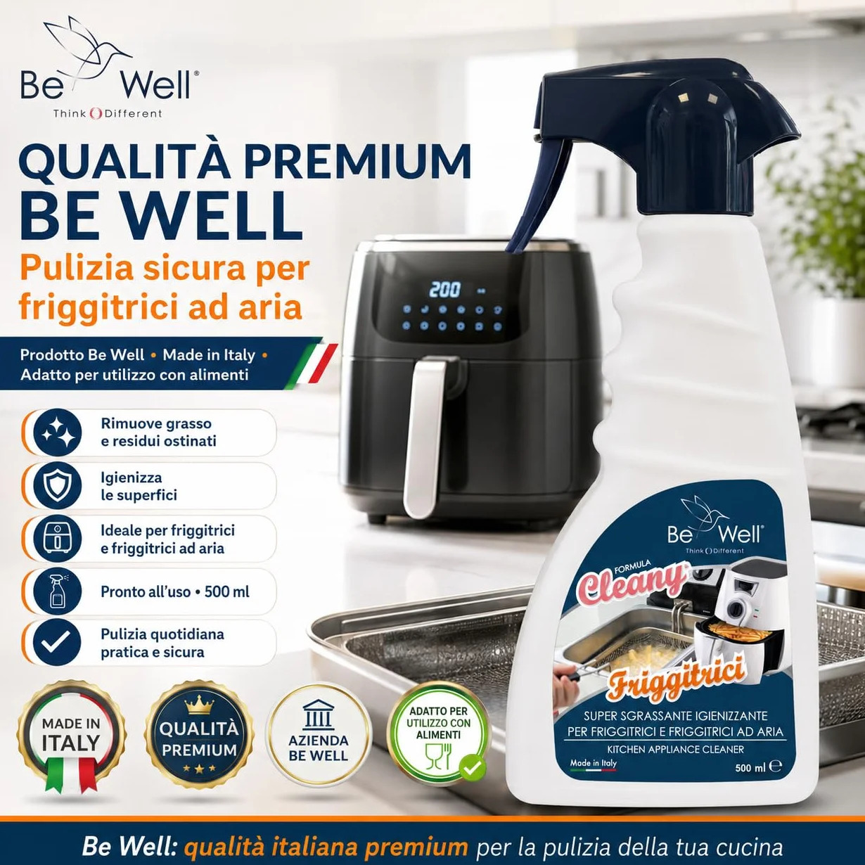 CLEANY Detergente Professionale Spray per Friggitrici, Sgrassante Igienizzante, 500 ml, Made in Italy