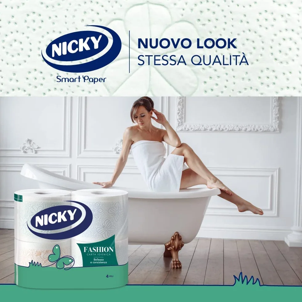 Nicky Fashion Carta Igienica 4 Rotoli 165 Fogli 4 Veli 3 Texture Colori Profumo Talco FSC