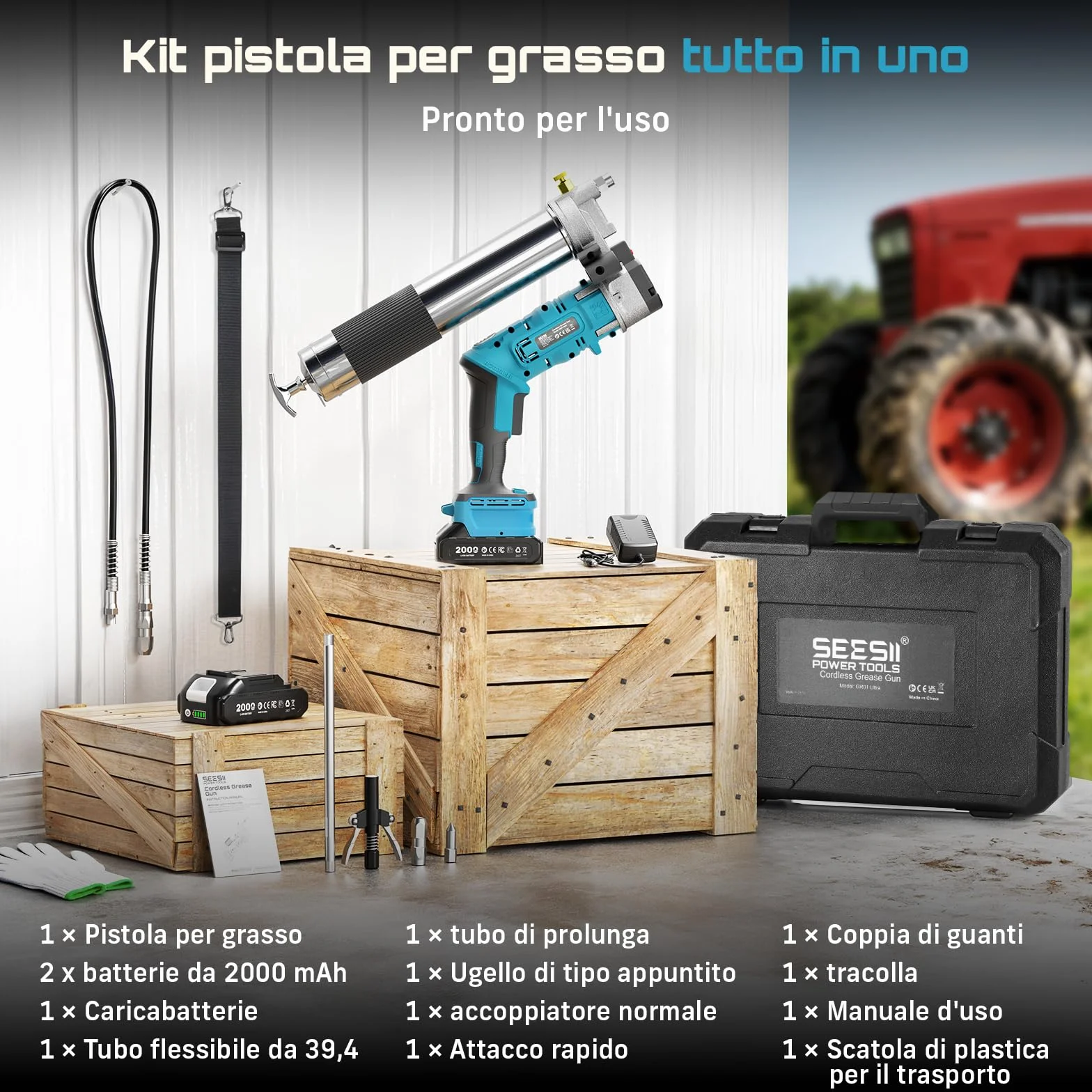 Seesii Innovativo Ingrassatore a Batteria 2-in-1: Ingrassatore Elettrico ad Alta Efficienza da 5,3 oz/min e 12000 PSI con 2 Batterie da 2,0Ah e Caricatore, Pistola per Grasso Facile da Usare