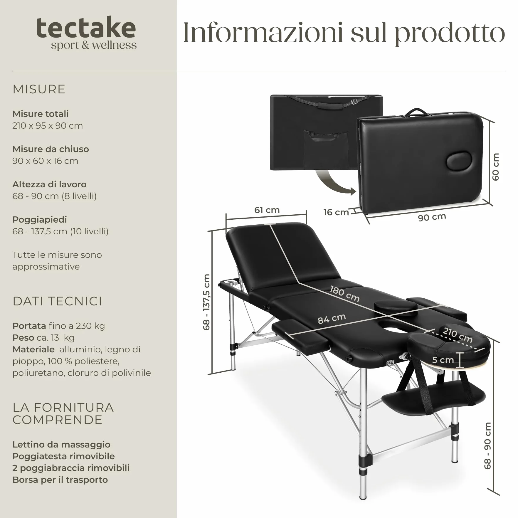 tectake Lettino Massaggio Portatile Pieghevole 3 Zone Professionale con Borsa Trasporto 61 cm Nero