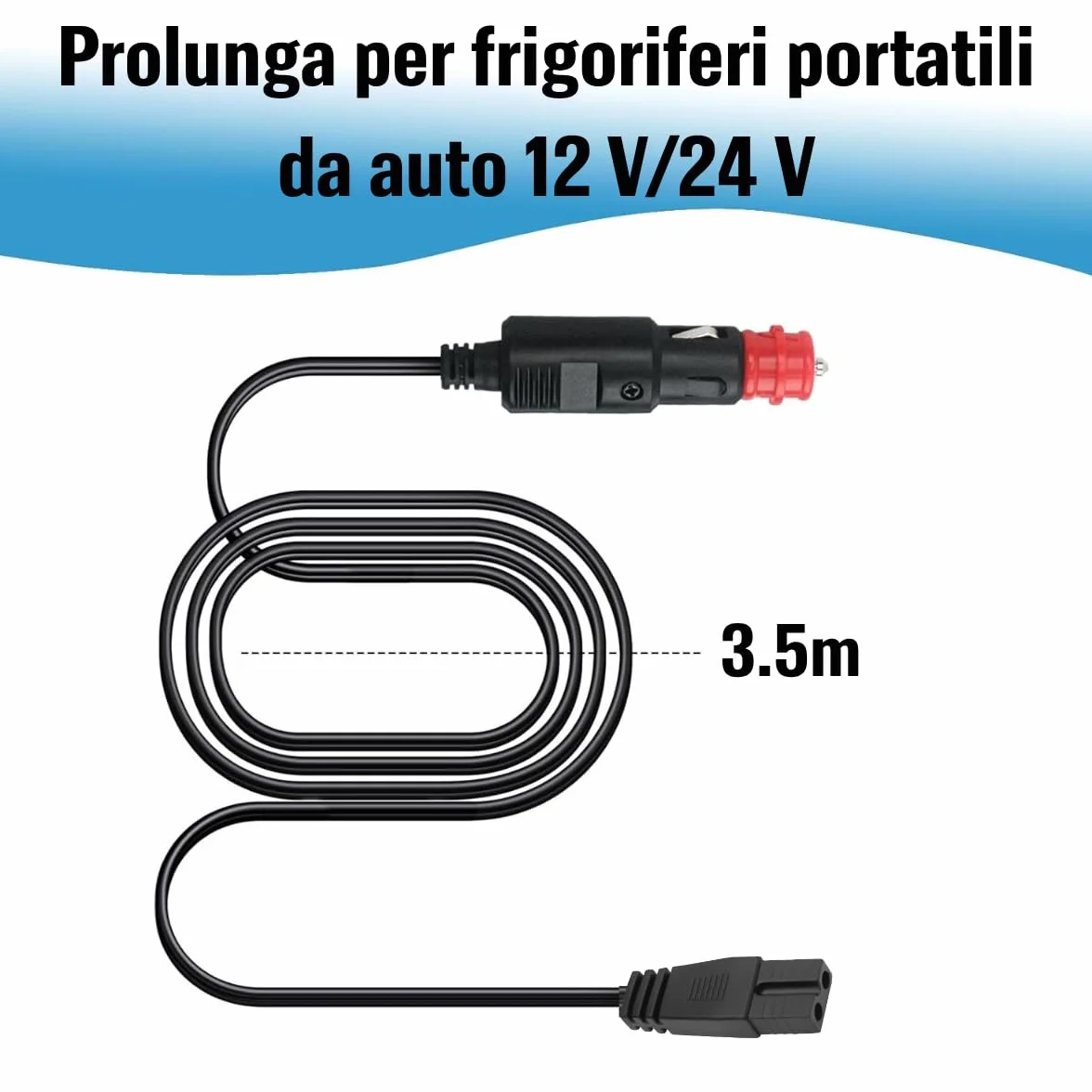 Cavo Alimentazione 12V 24V Frigorifero Portatile 3,5 m Presa Accendisigari 2 Pin 16 AWG Rame