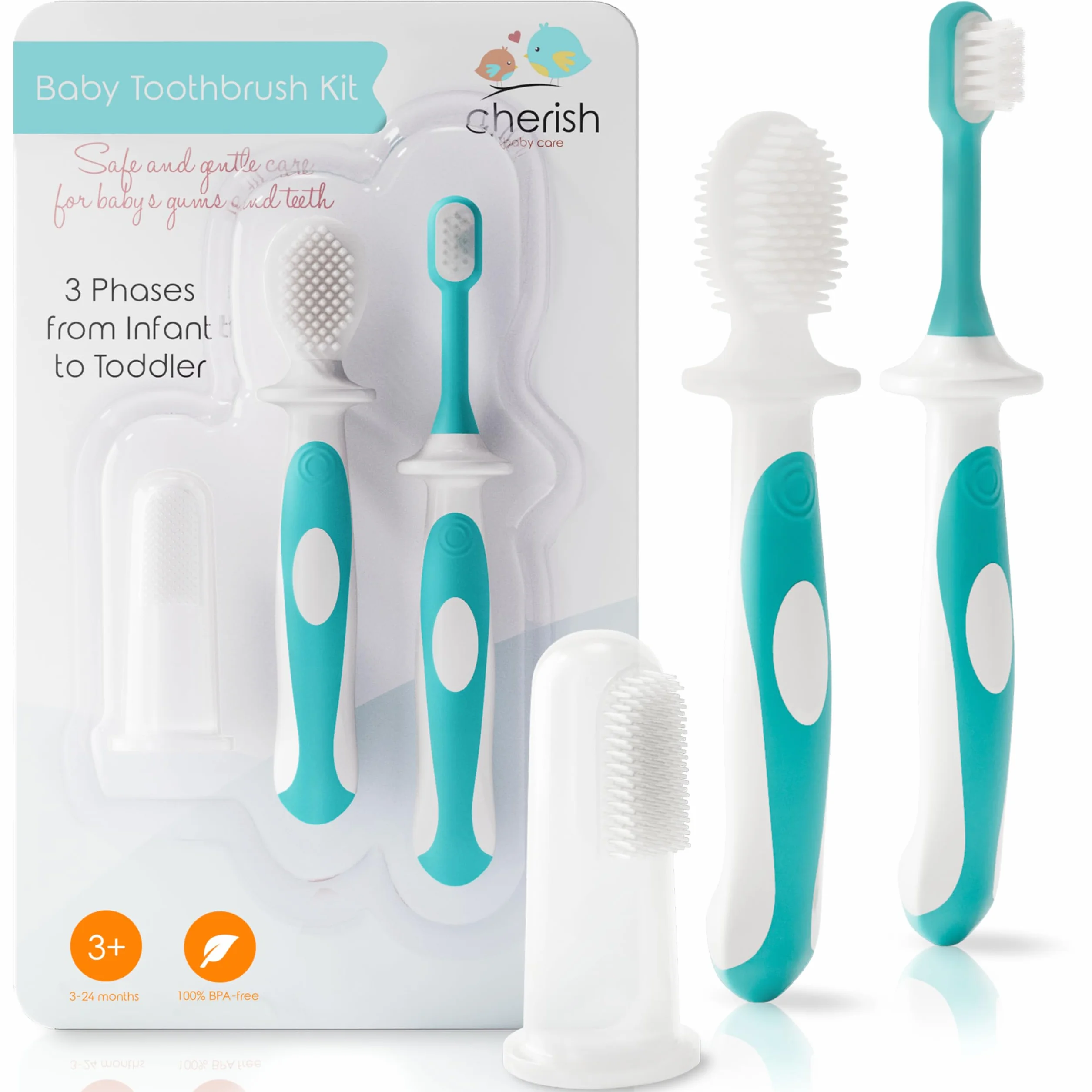 Cherish Baby Care Set di Spazzolino Bambini 3-24 Mesi BPA Free Silicone Alimentare