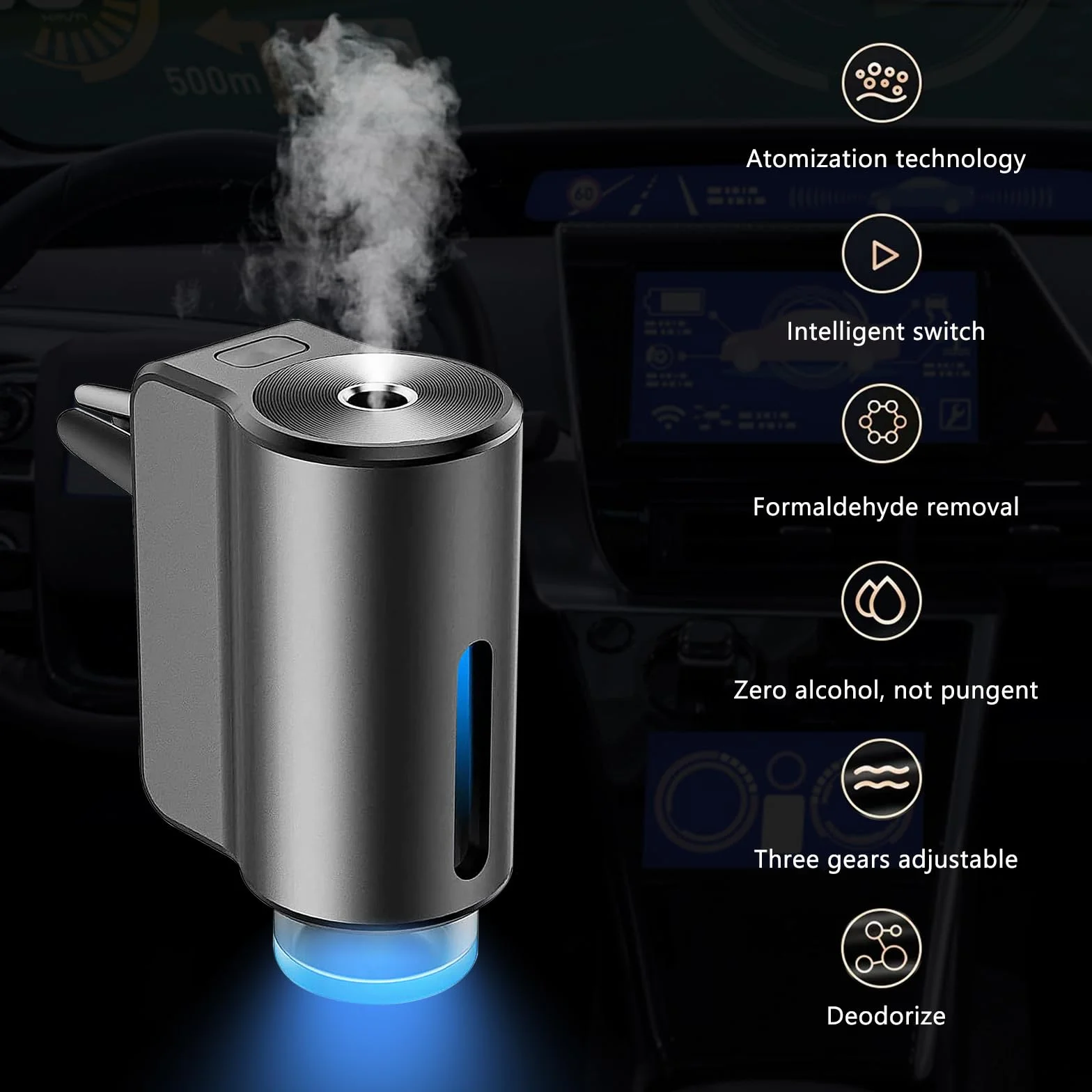 Deodorante per auto a ultrasuoni automatico 3 modalità diffusore di aromi (nero)