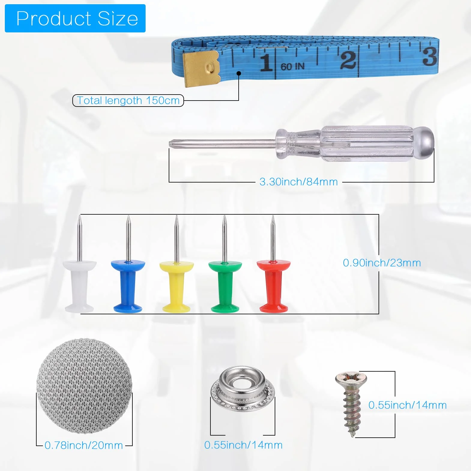 Zocipro Riparazione Cielo Auto Kit 65 Pz Rivetti Pulsante Cacciavite Metro Nastro Grigio