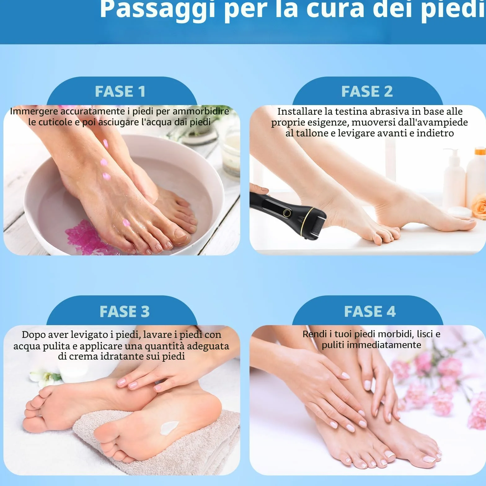 Pedicure Elettrico Professionale Ricaricabile con 3 Rulli Rimozione Calli Pelle Dura Secca (Nero)