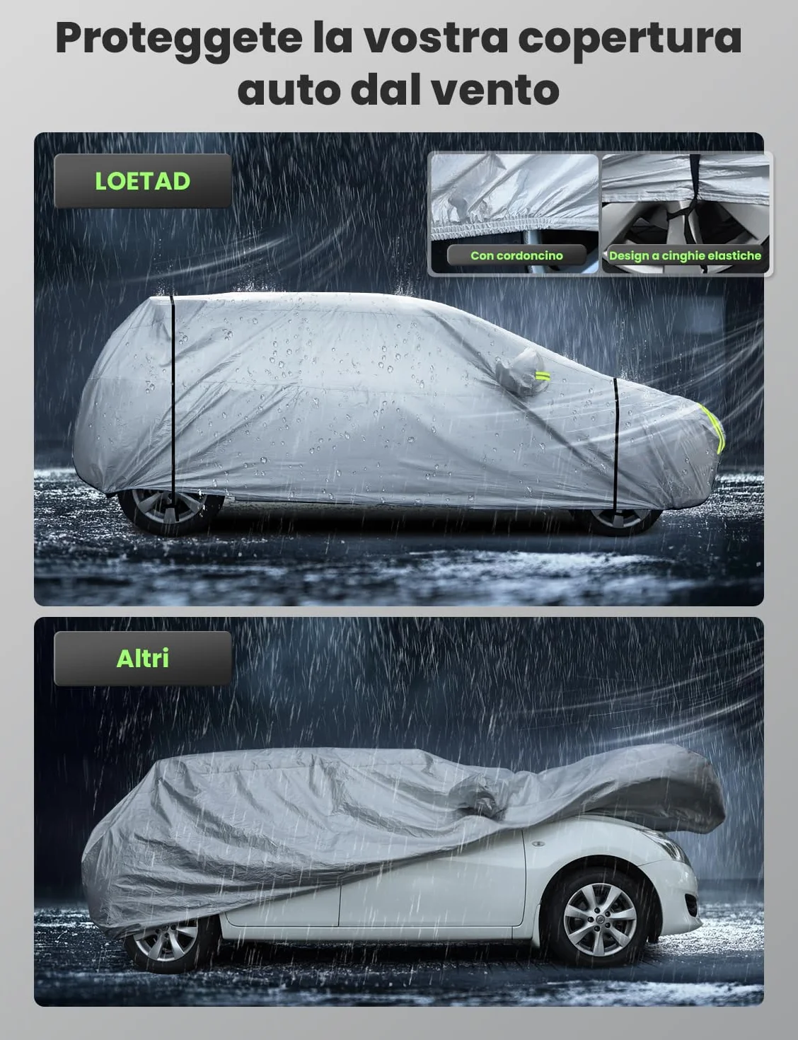 LOETAD Telo Copriauto, Felpato Impermeabile Antipolvere Anti UV Anti Vento 435 x 180 x 160cm Telo per Auto a 2 Volumi Universale Interno in Cotone - Argento