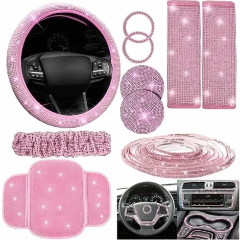 Set di copristerzo per auto con supporto per telefono in strass e sottobicchiere, set interno ultra-velluto da 10 pezzi per (rosa)
