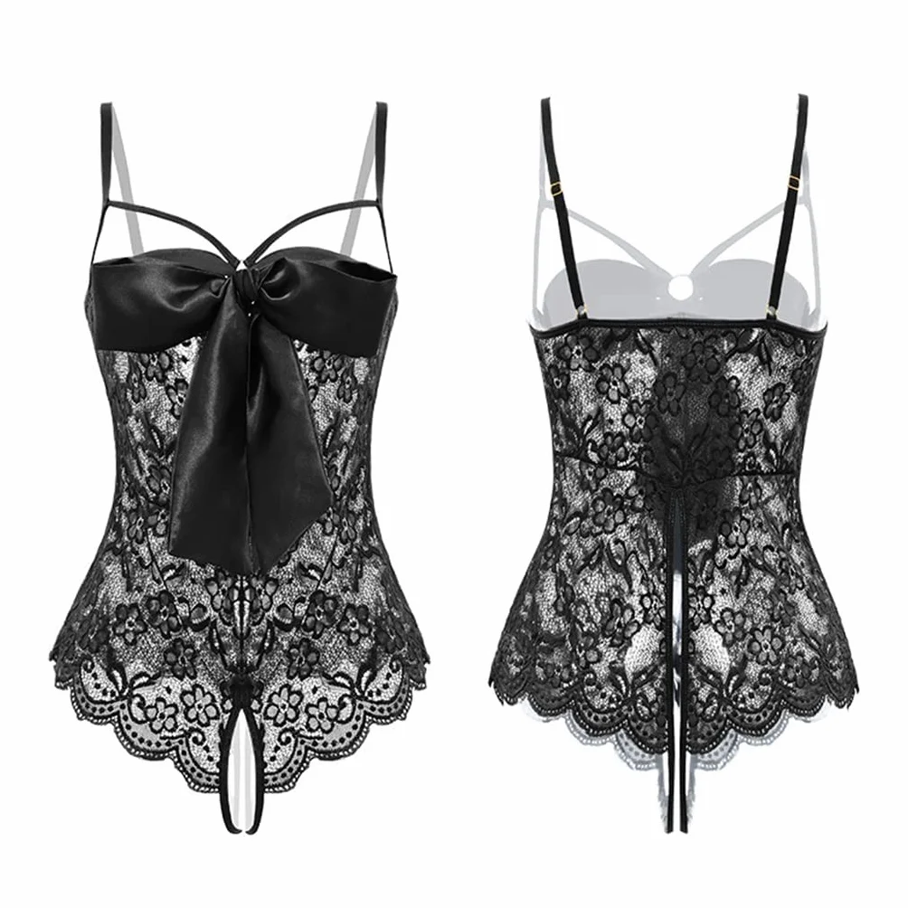Donna Tuta di Pizzo Set Lingerie un Pezzo Mini Babydoll Orsacchiotto Scollo a V Profondo Nero M