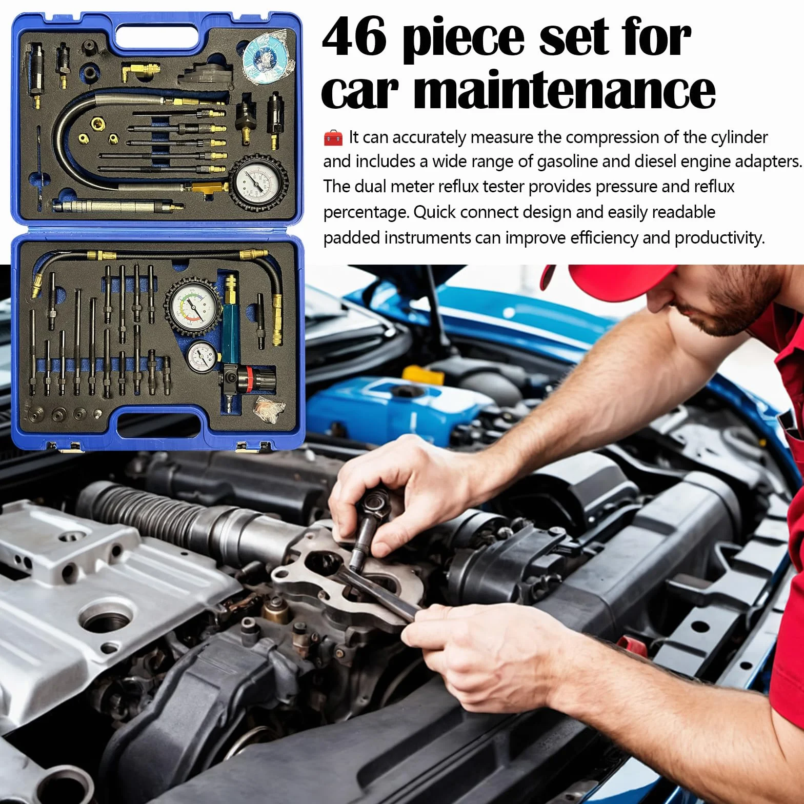 Tester Compressione, 46PCS Tester Compressione Diesel Benzina Perdita Pressione Compatibile Con Motori Diesel Benzina Auto Camion Autobus Motori Navi Agricole