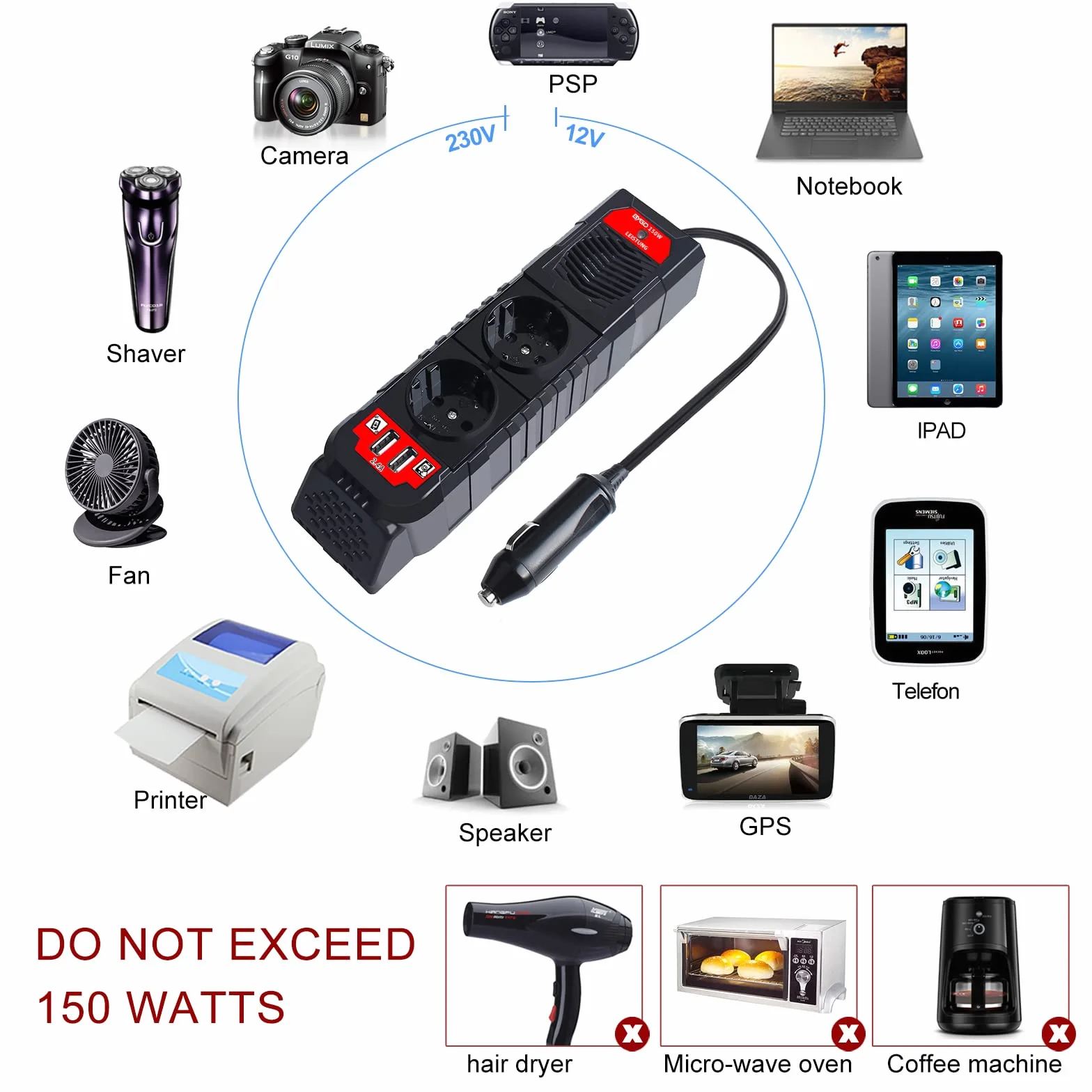 Inverter 12V 220V 150W Convertitore Tensione DC 12V a 230V AC per Auto Camper con 2 Porte USB