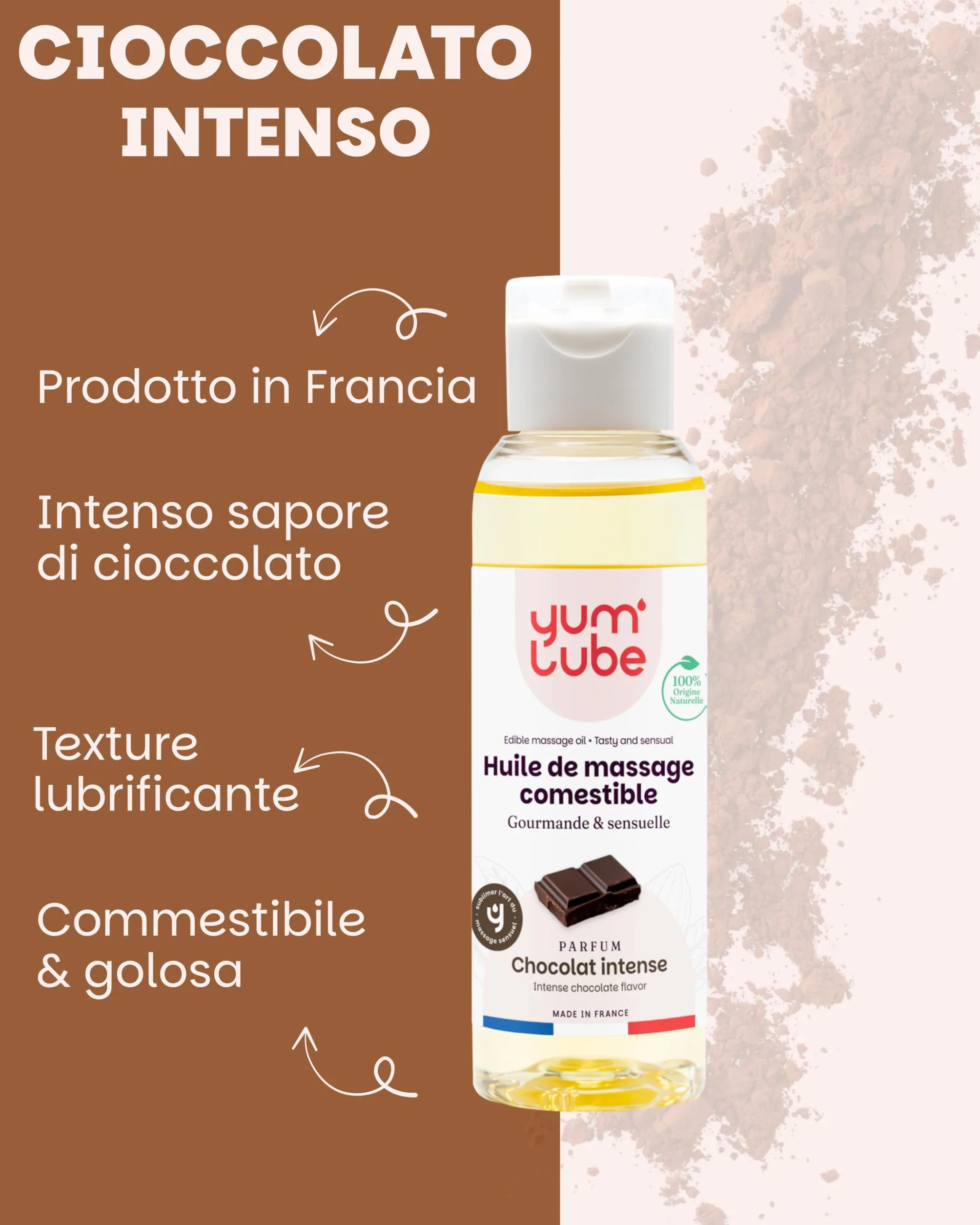 Yum'Lube Olio Massaggio Sensuale E Lubrificante al Cioccolato 100% Naturale Bio Comestibile Made In France