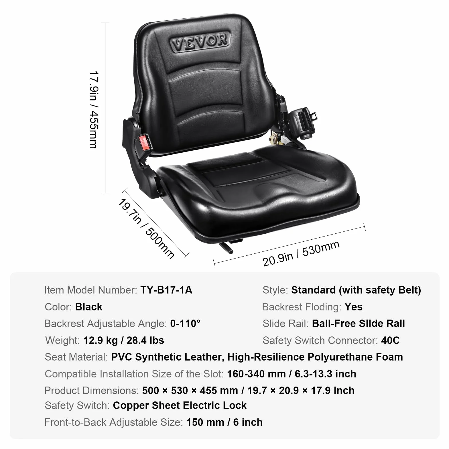 VEVOR Sedile per Carrello Elevatore Trattore Coprisedile Pieghevole per Trattore Schienale Angolo Regolabile 0-110° Fessura Estesa 160-340mm Sedile con Cintura di Sicurezza per Caricatore Escavatore