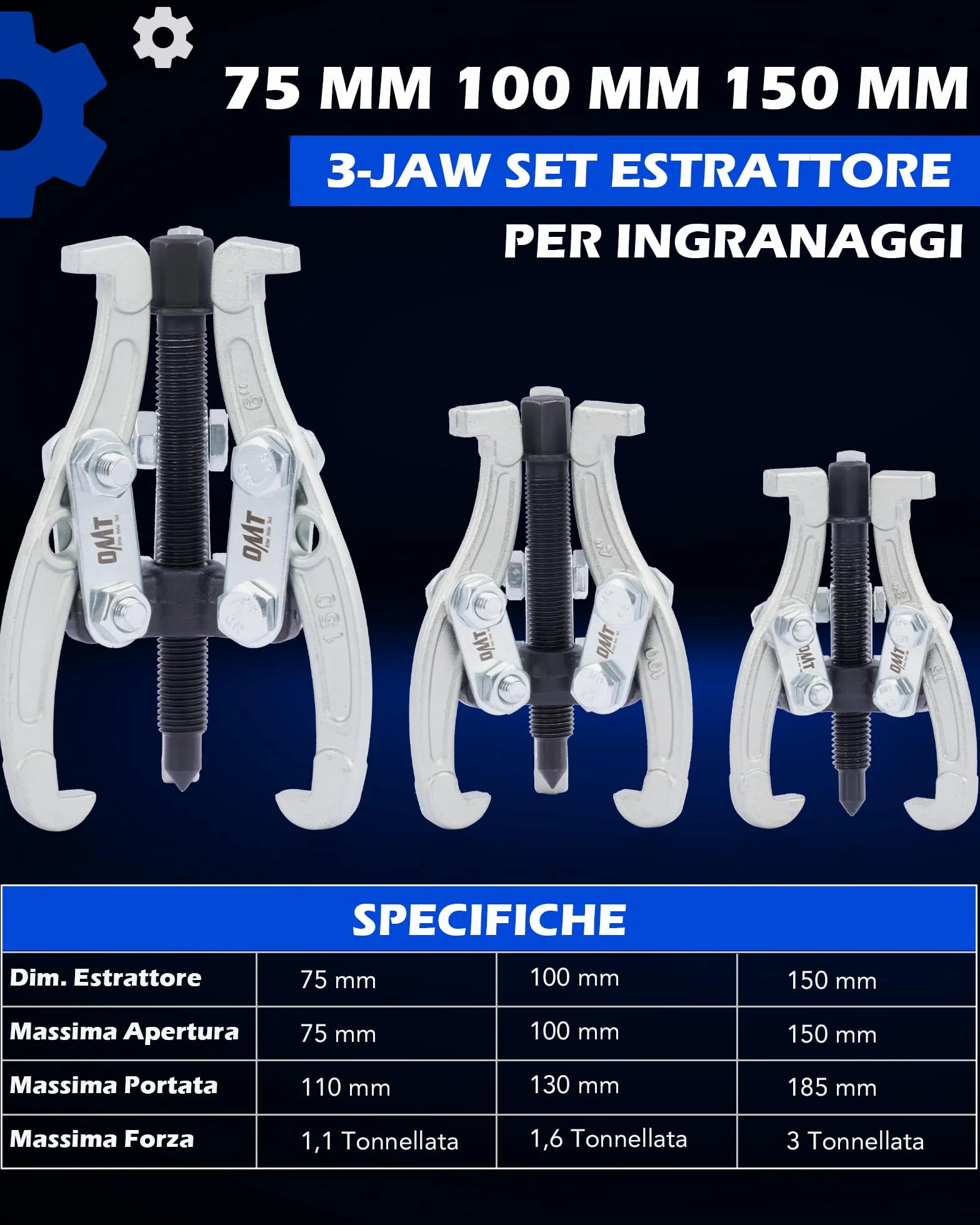 Orion Motor Tech 3 Pezzi Estrattori per Ingranaggi a 3 Ganasce 75/100/150 mm, Estrazione Cuscinetti Reversibili