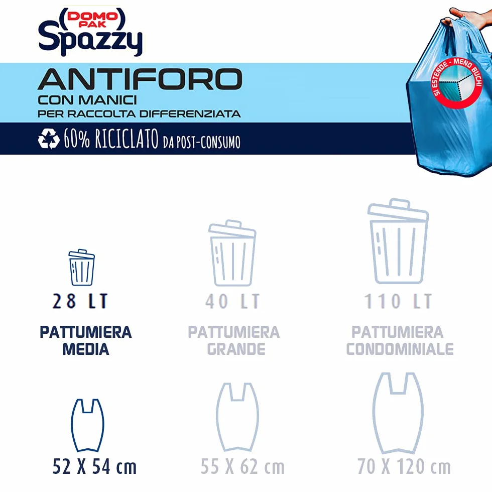Domopak Spazzy Sacchi Nettezza Antiforo con Manici 28 lt Blu 20 sztuk