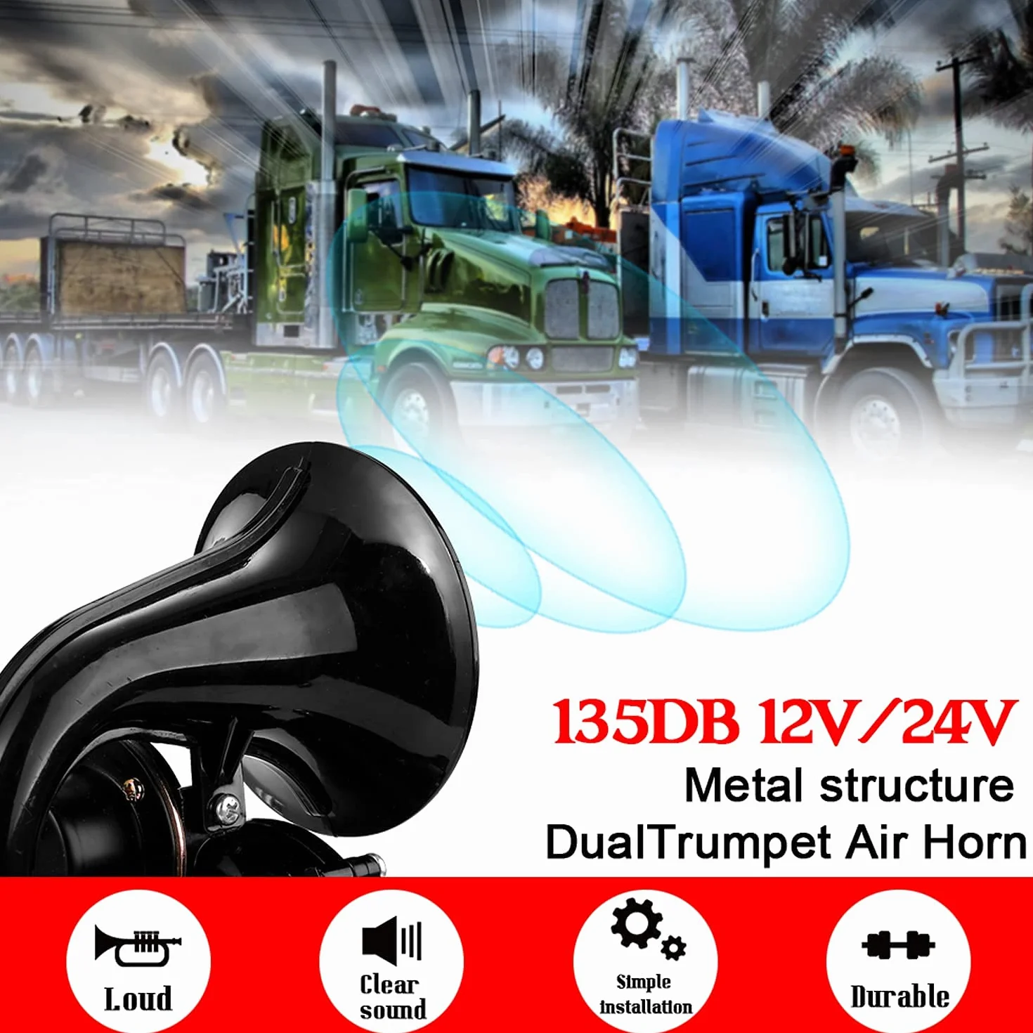 Tromba Ad Alto Volume per Camion 135 DB 12/24 V Tromba Ad Alto Volume con Valvola Elettrica, Piatta per Camion Auto