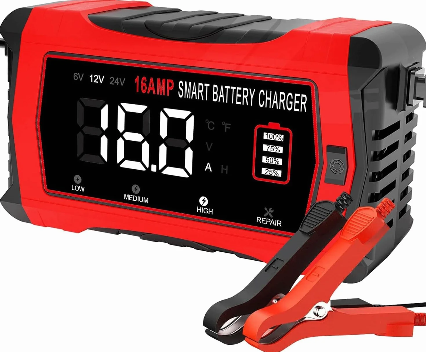 SQUADO Caricabatteria 6A 12V Intelligente per Auto, Moto, Scooter – Ricarica Automatica con Display LCD, Protezione da Sovraccarico e Inversione Polarità, per Batterie Piombo AGM/GEL/WET