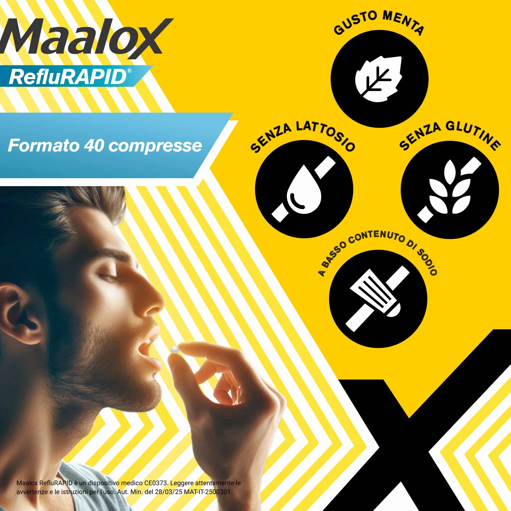 Maalox Reflurapid 40 Compresse Gusto Menta, Blocca Reflusso Gastroesofageo, Riduce Bruciore e Acidità di Stomaco, con Bicarbonato di Sodio, Senza Glutine e Lattosio