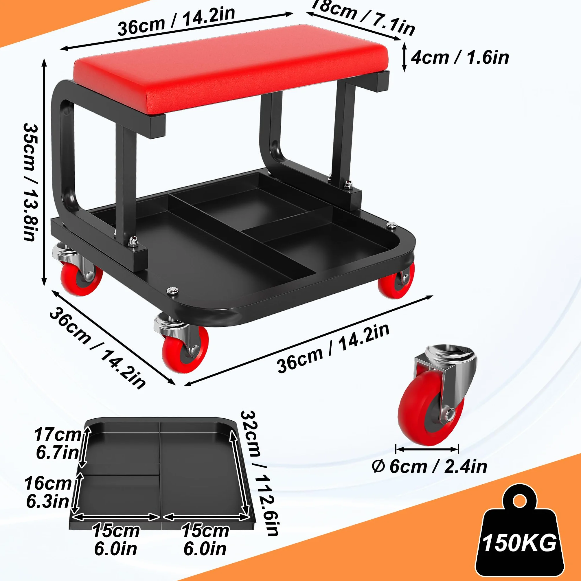 FIVMEN Sgabello da officina con ruote, ripiano, capacità di carico 150 kg, 36 x 36 x 35 cm
