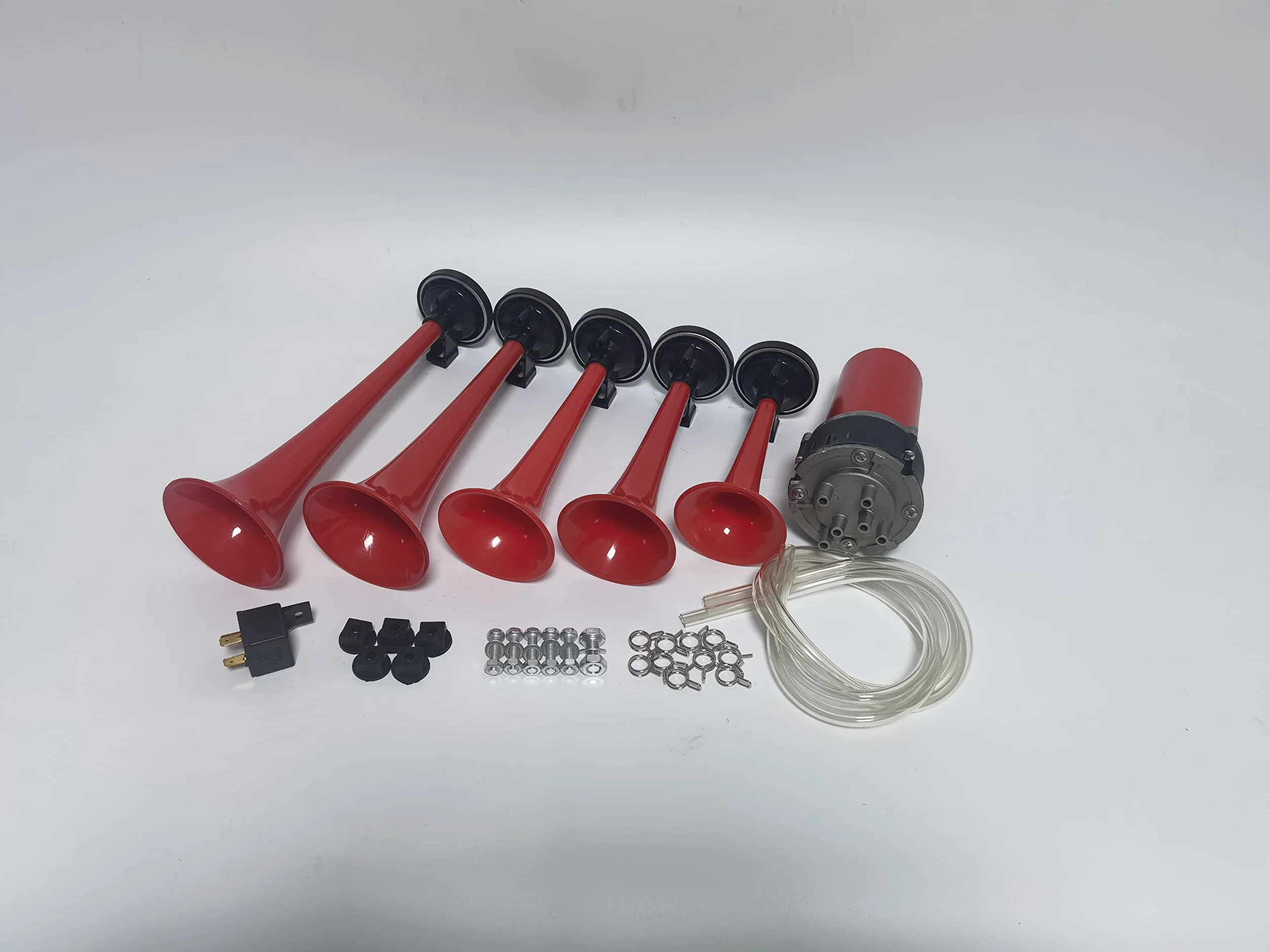 Clacson per auto Clacson Car Horn 12V Clacson per nave Tromba a cinque tubi Dixie 160db Tromba d'aria rossa Tromba per camion con altoparlante della pompa dell'aria per 12V auto camion SUV ecc