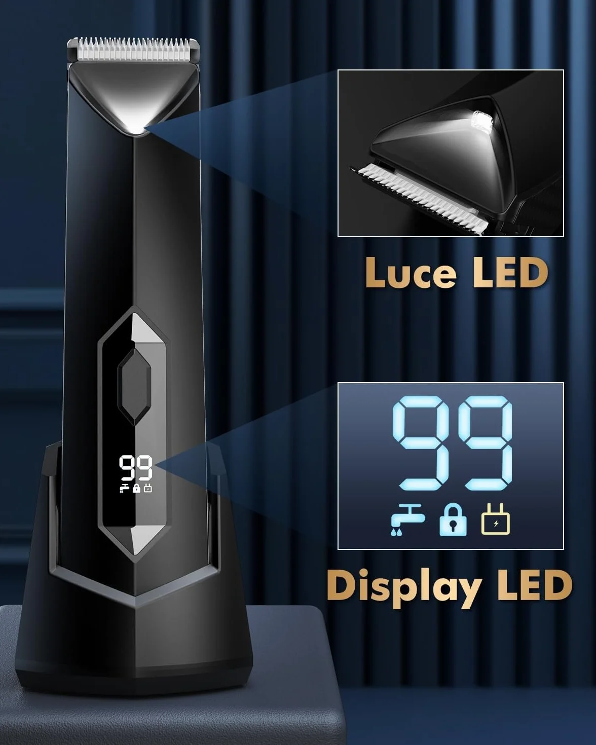 Rasoio Elettrico Corpo Uomo IPX7 con 4 Pettini e Luce LED