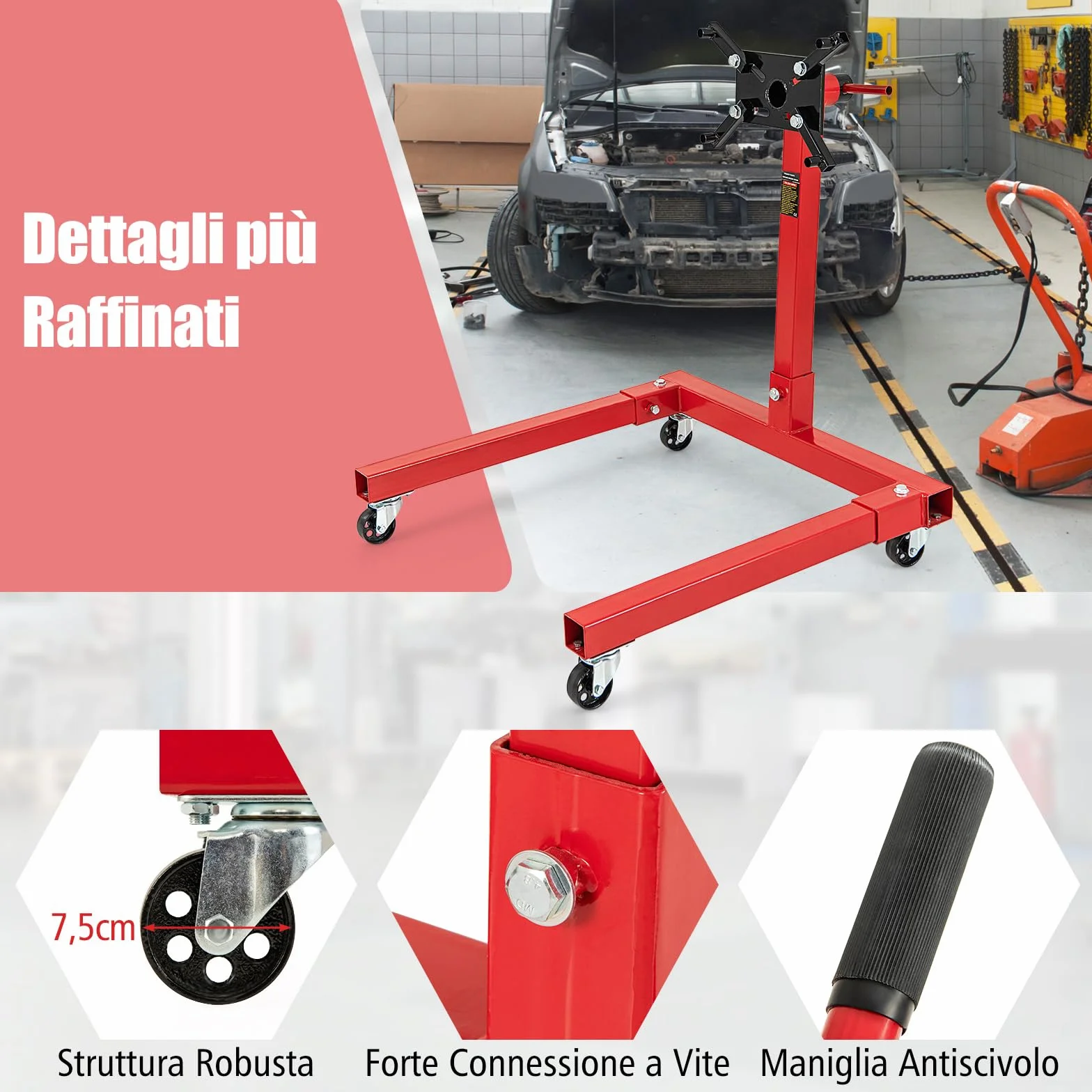 COSTWAY Cavalletto per Motore, Supporto Motore con Testa Rotante a 360°, 4 Bracci Regolabili, Ruote e Maniglia, capacità di carico 340 kg / 680 kg (Modello 680kg)
