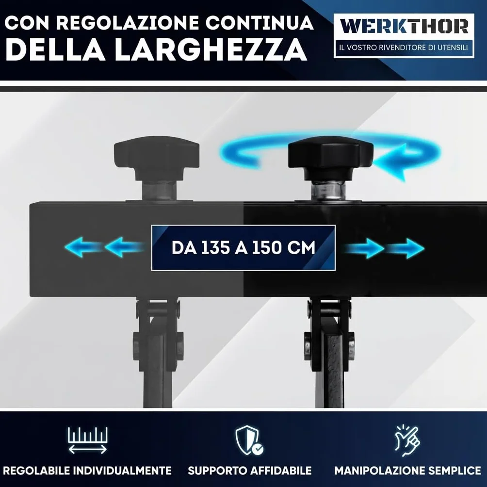WERKTHOR Ponte motore 500 kg massiccio per auto Traversa parafango regolabile 150 cm Supporto motore 2 catene piedi 360° Ruota motore protezione parafango nero