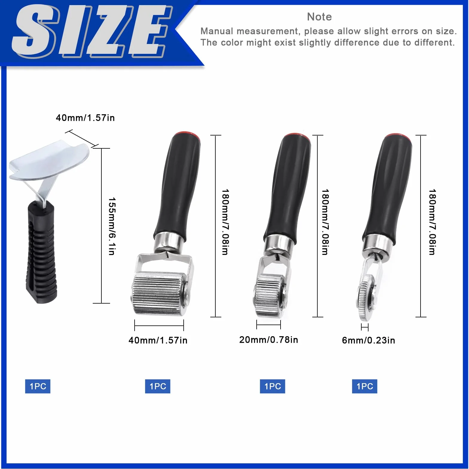 Glarks 4 rulli fonoassorbenti per auto, 6 mm, 20 mm, 40 mm, strumento di installazione in metallo, per applicazione rotella, rullo per cuciture insonorizzanti, kit in metallo con raschietto, per