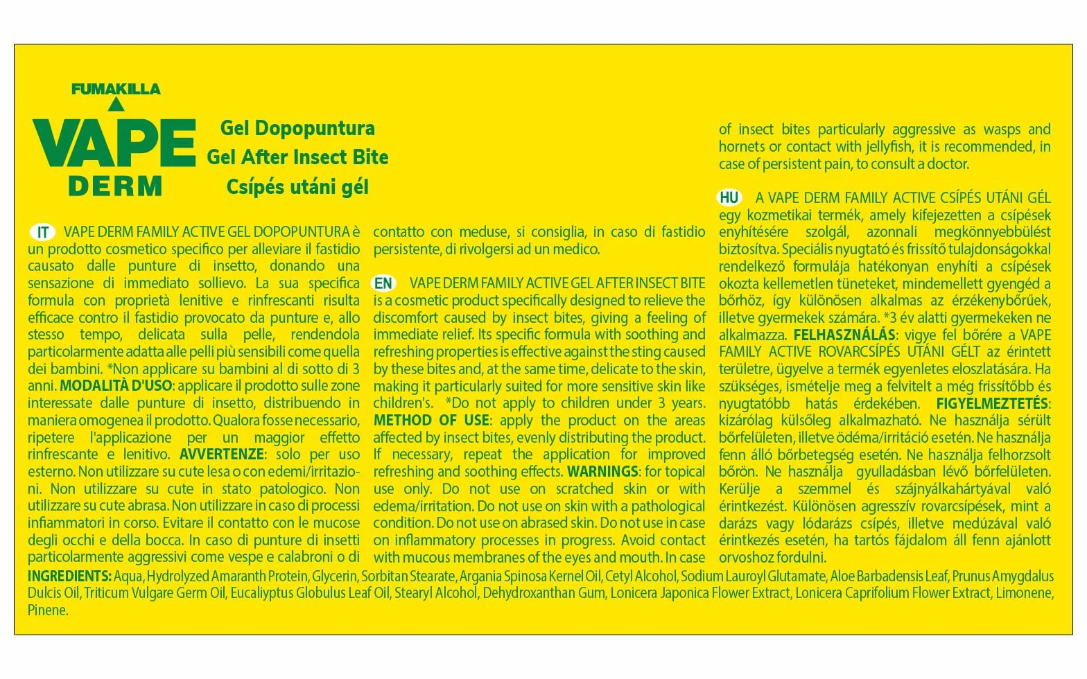 FUMAKILLA VAPE DERM FAMILY ACTIVE GEL DOPOPUNTURA Roll On 15ml, Prodotto cosmetico lenitivo e rinfrescante per punture di insetto