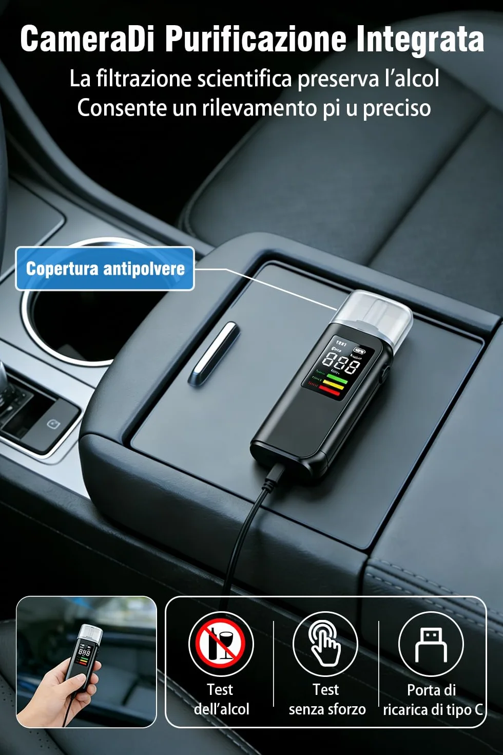 Etilometro Portatile Certificato CE, Alcol Test con Display Schermo LED, Alta precisione, Ricarica Type-C, Due metodi di Prova, con 8 bocchette, per Uso Personale Famiglia e Professionale