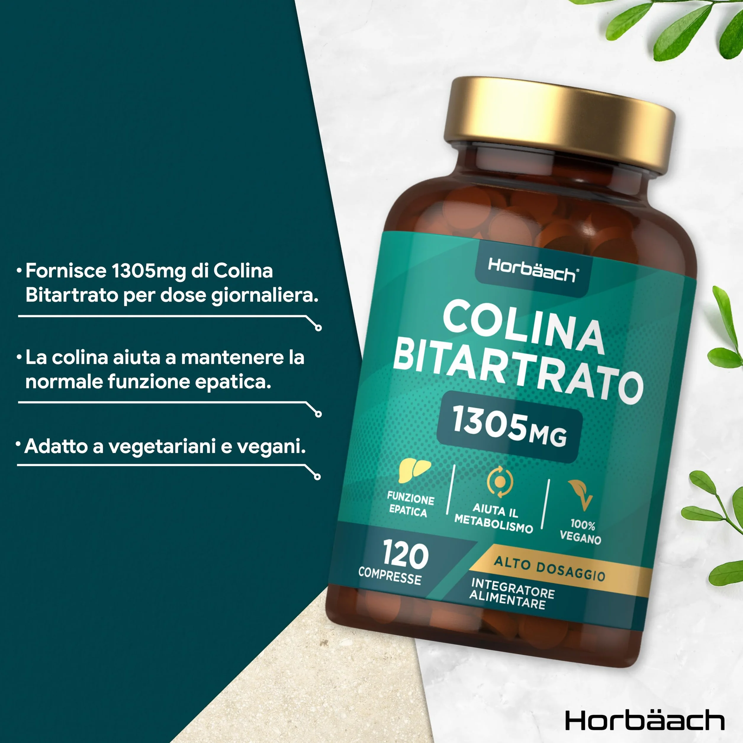 Horbaach Colina Bitartrato 1305mg 120 Compresse Integratore